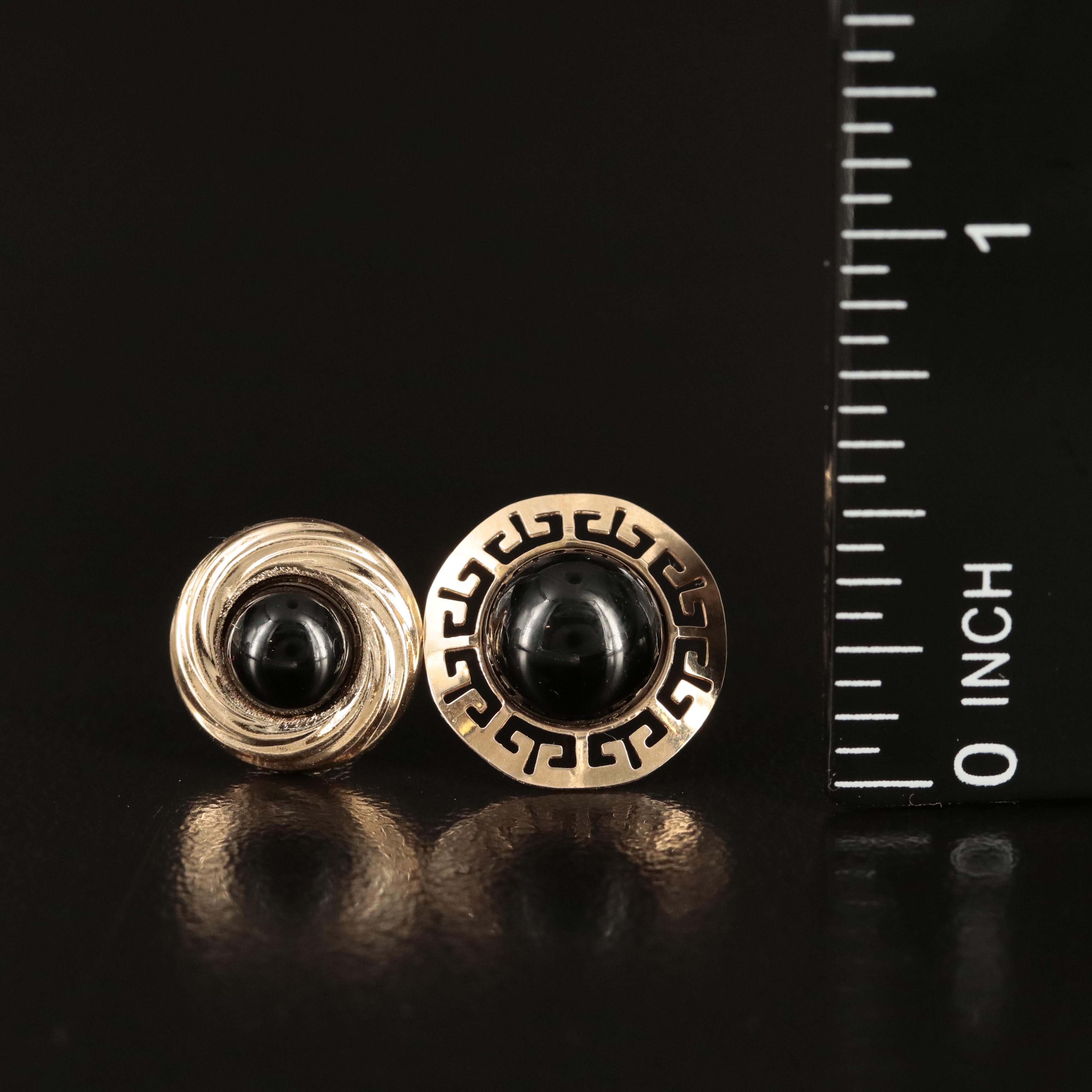 14K Black Onyx Swirl and Greek Key Stud Earrings