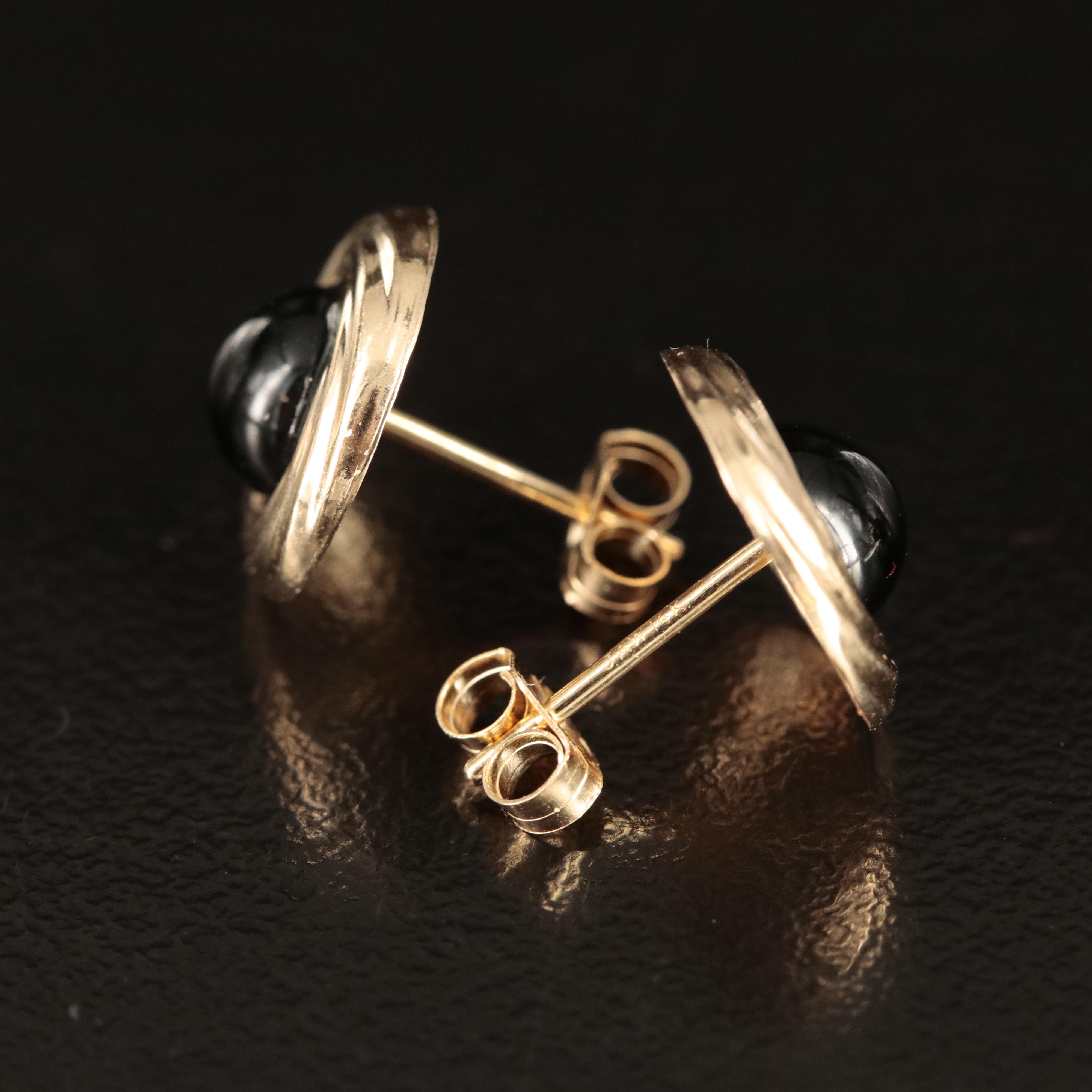 14K Black Onyx Swirl and Greek Key Stud Earrings