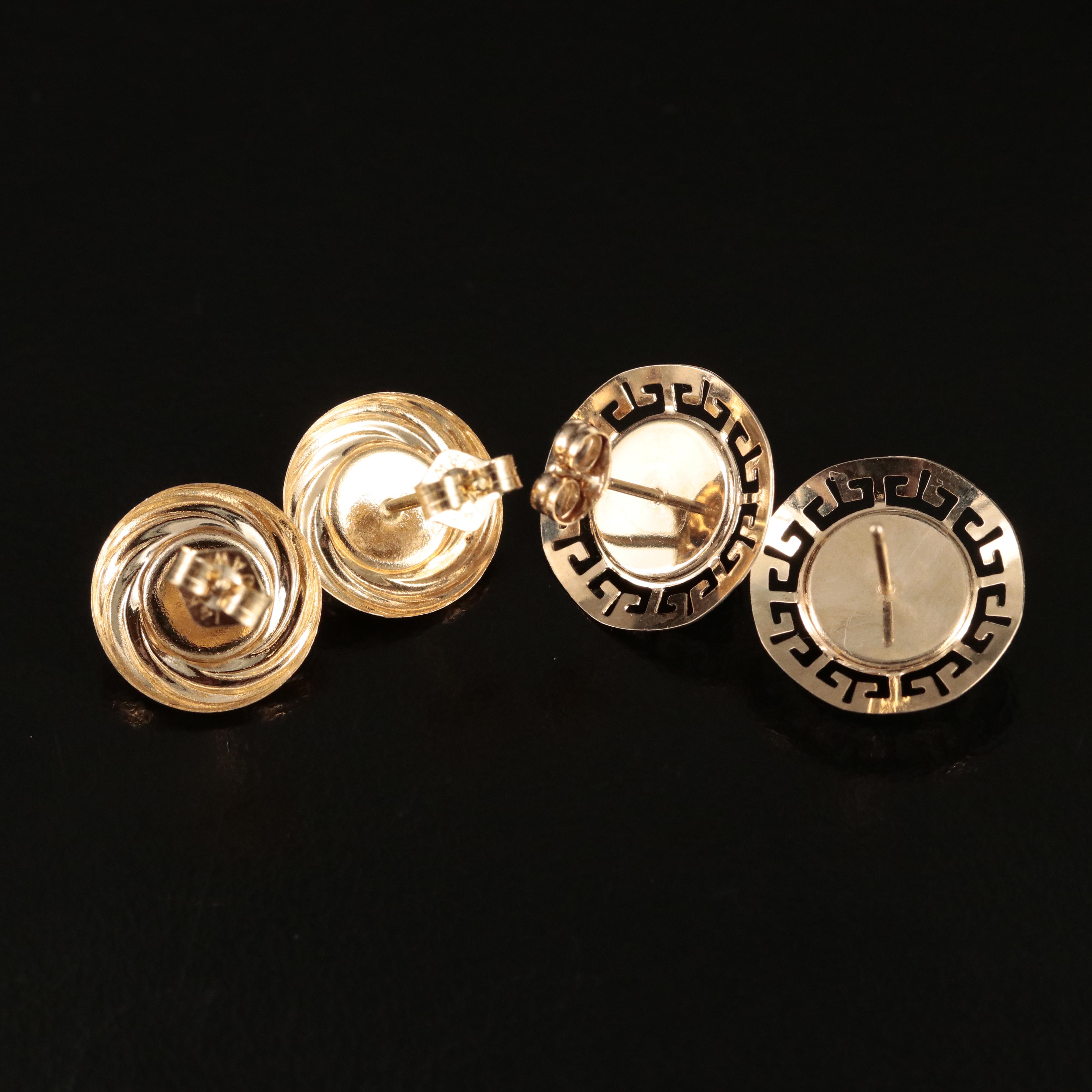 14K Black Onyx Swirl and Greek Key Stud Earrings