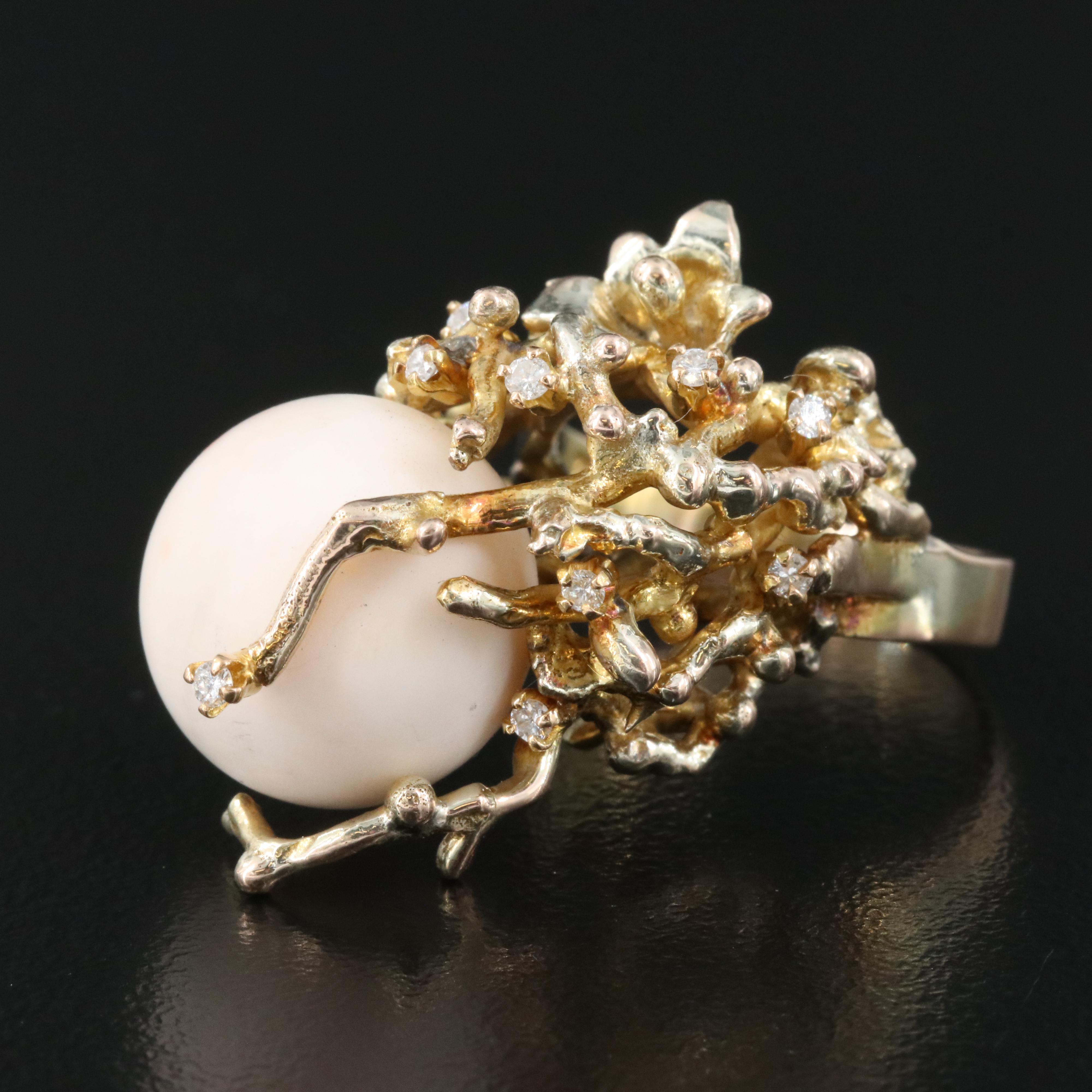 10K Coral and Diamond Organic Ring