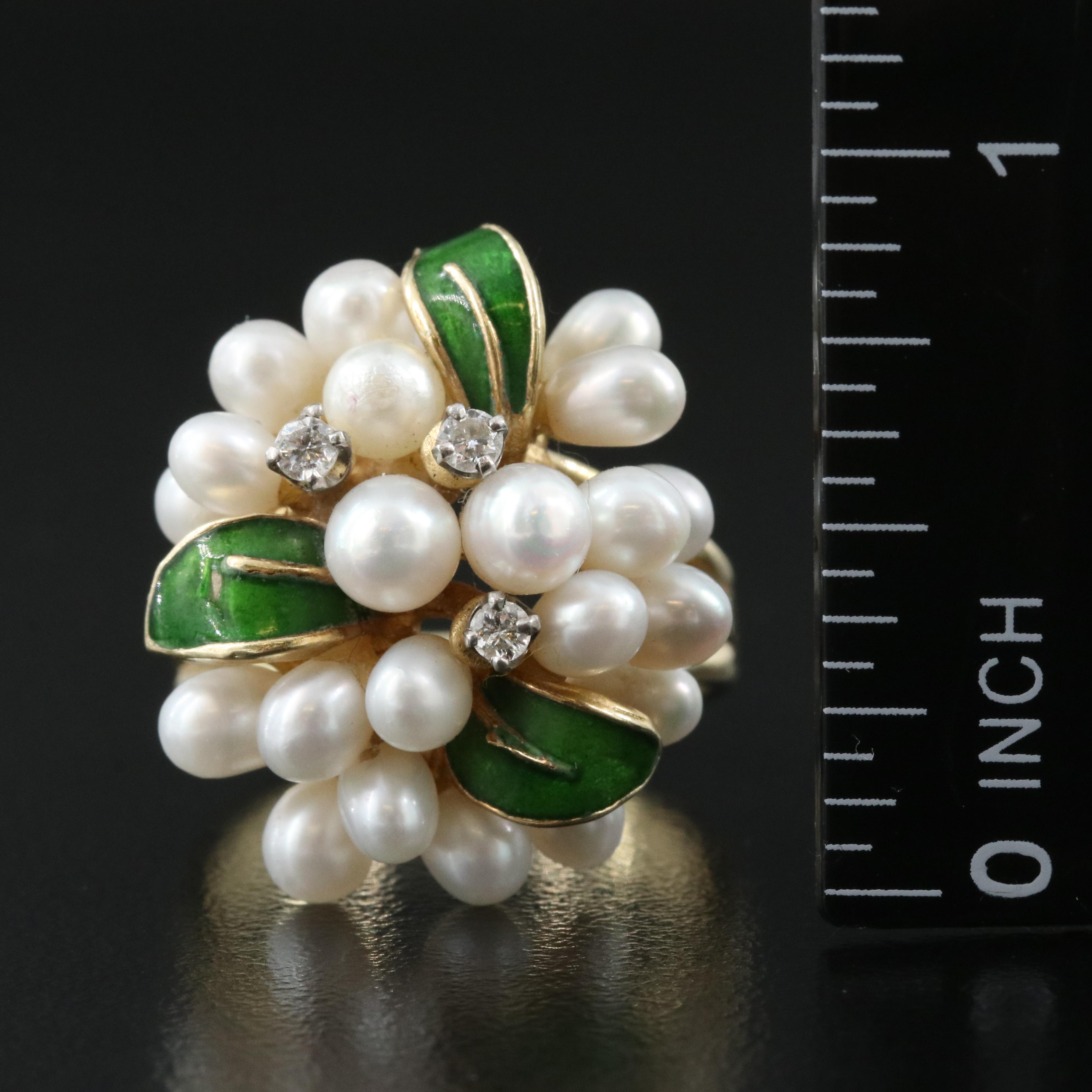 Vintage 14K Pearl, Diamond and Enamel Ring with Platinum Heads