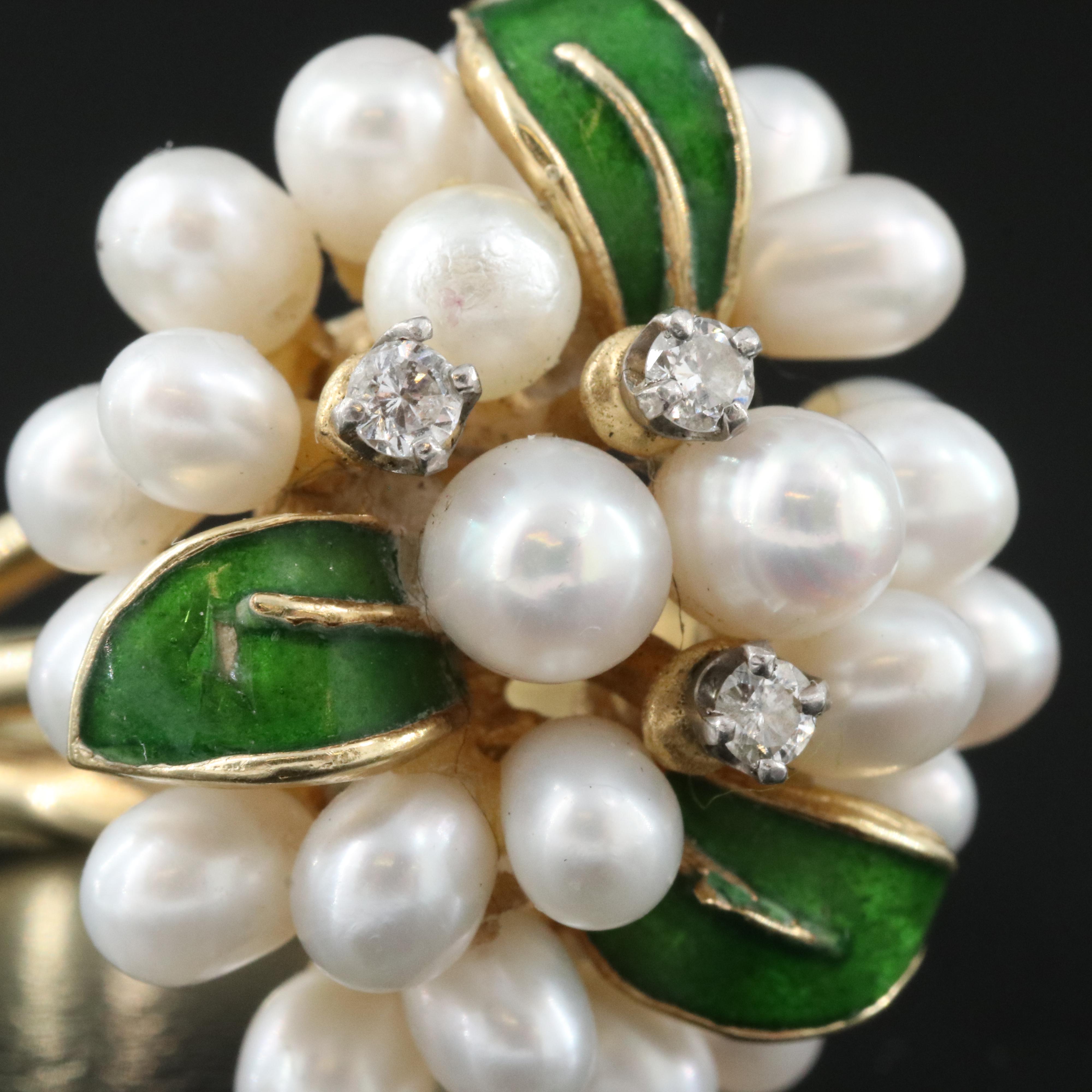 Vintage 14K Pearl, Diamond and Enamel Ring with Platinum Heads