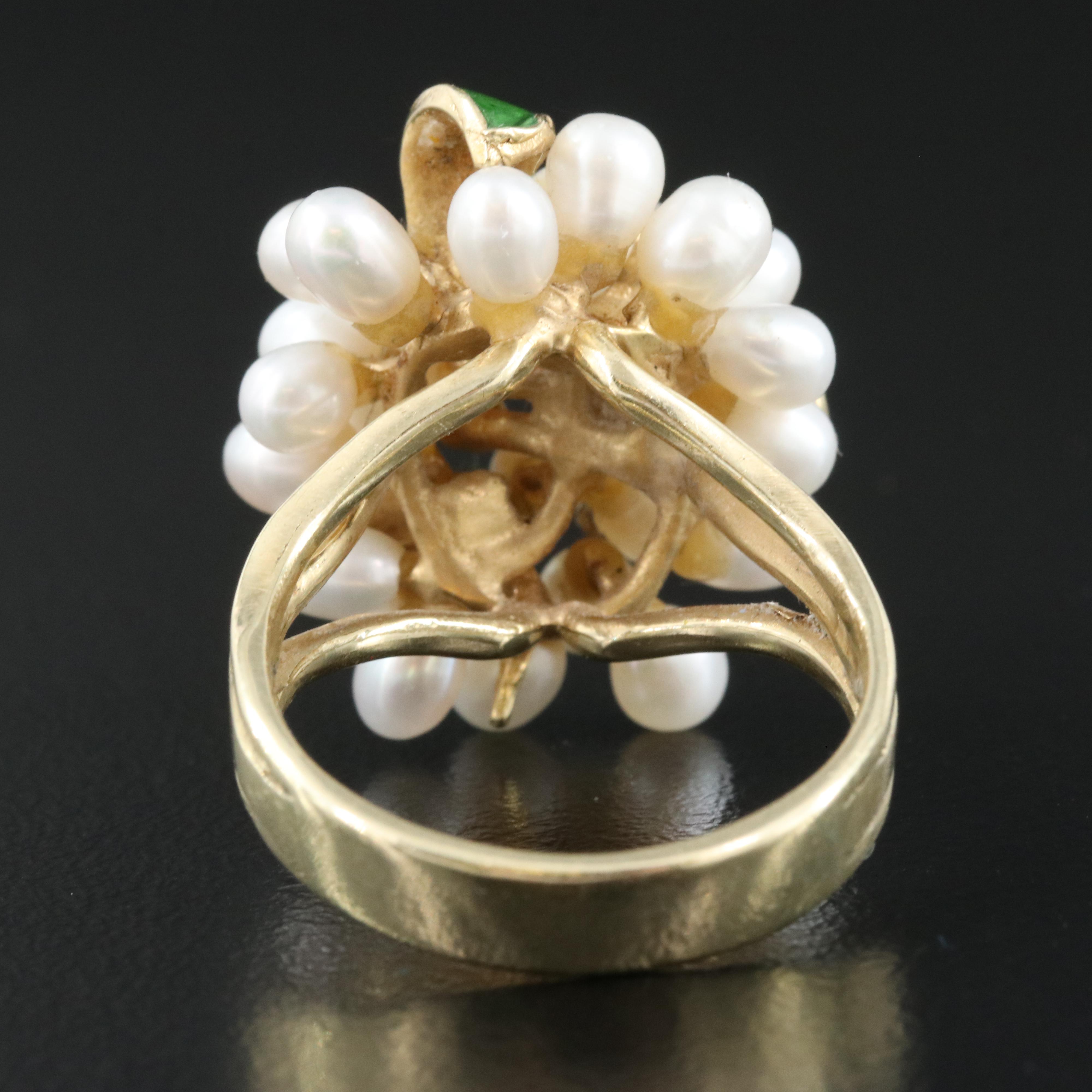 Vintage 14K Pearl, Diamond and Enamel Ring with Platinum Heads