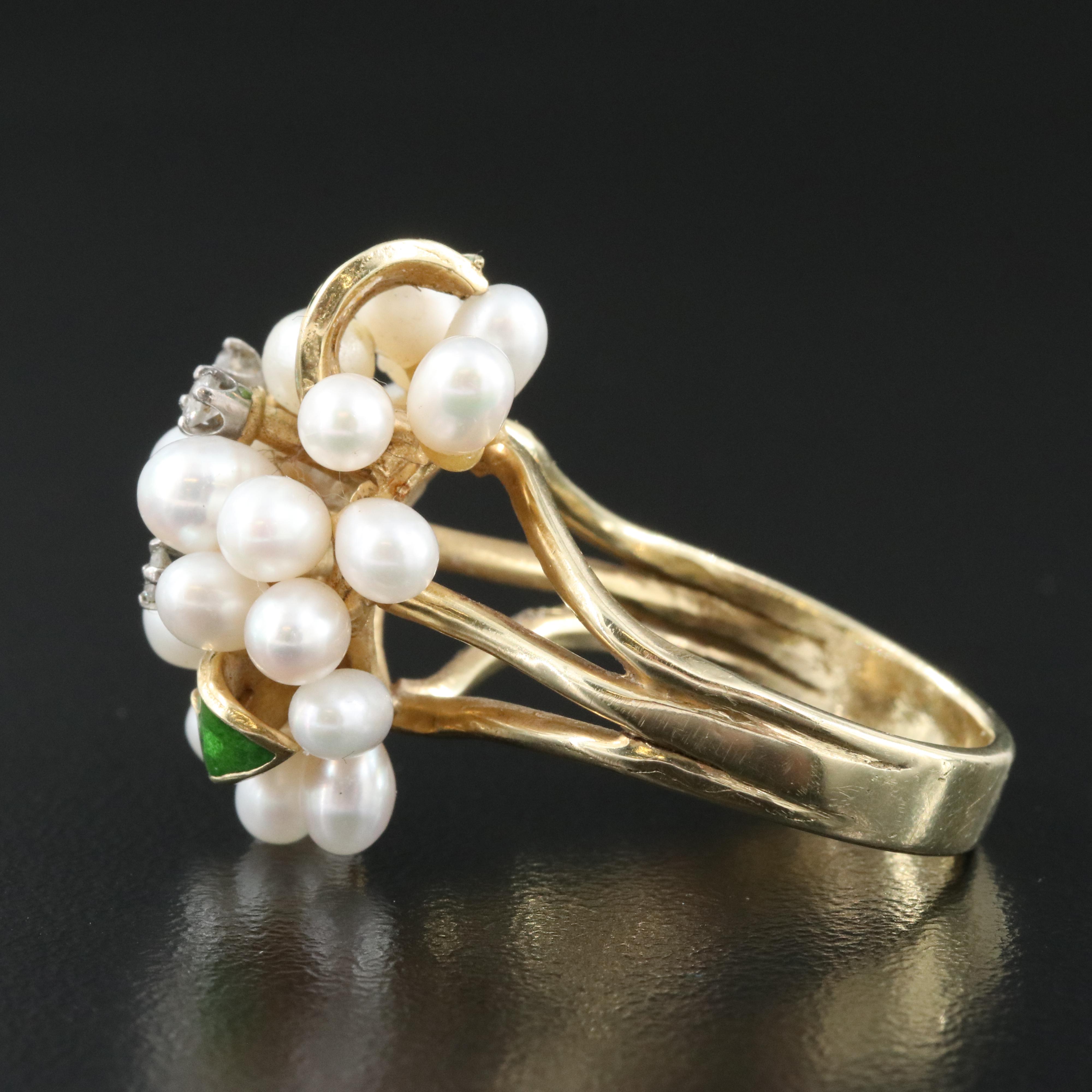 Vintage 14K Pearl, Diamond and Enamel Ring with Platinum Heads