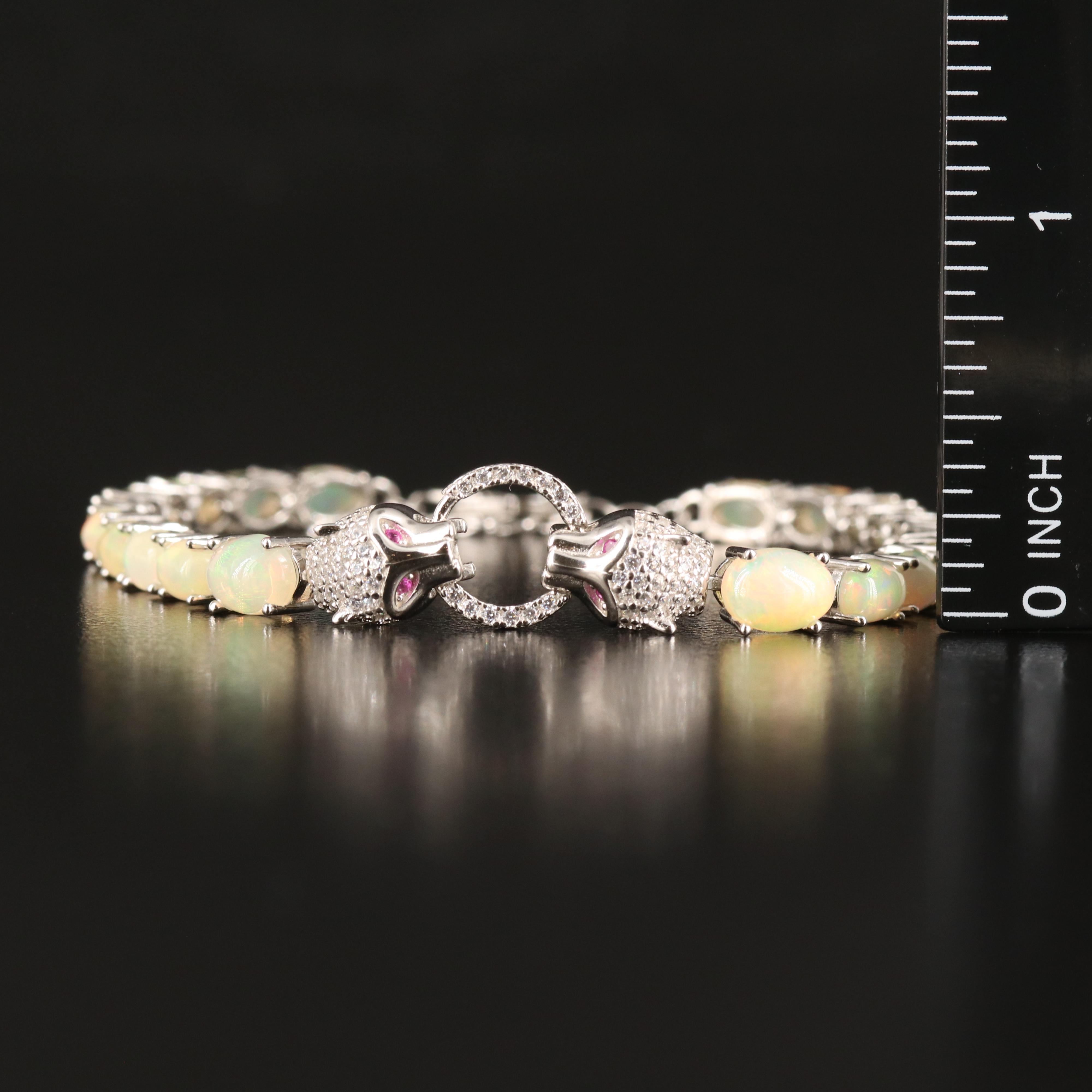 Sterling Opal, Cubic Zirconia and Ruby Feline Door Knocker Bracelet