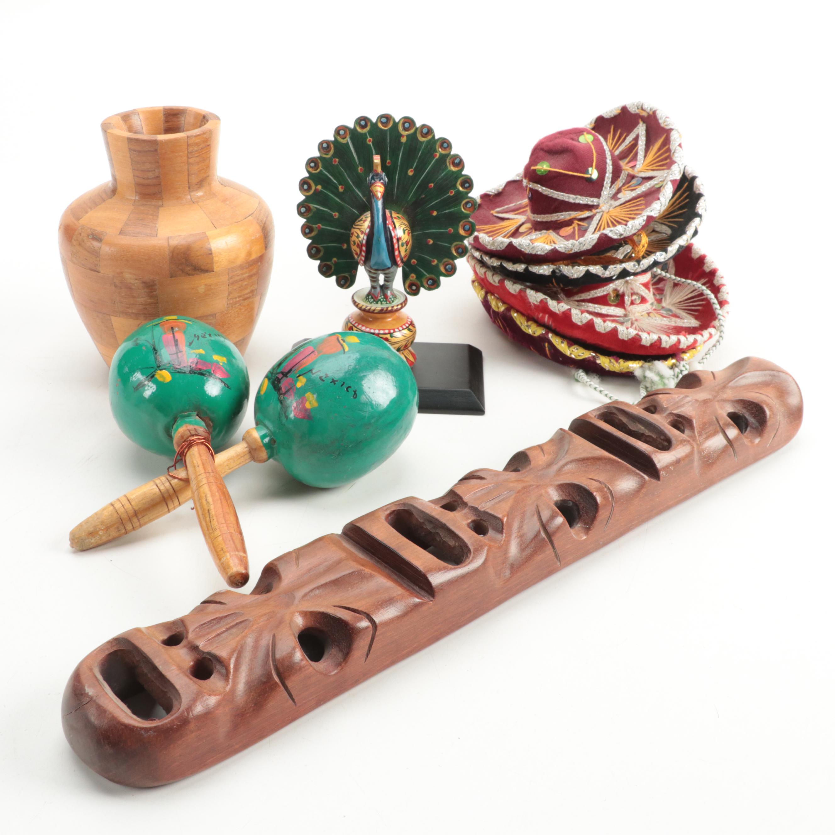 Mexican and Other Miniature Sombreros, Maracas, Vase and More