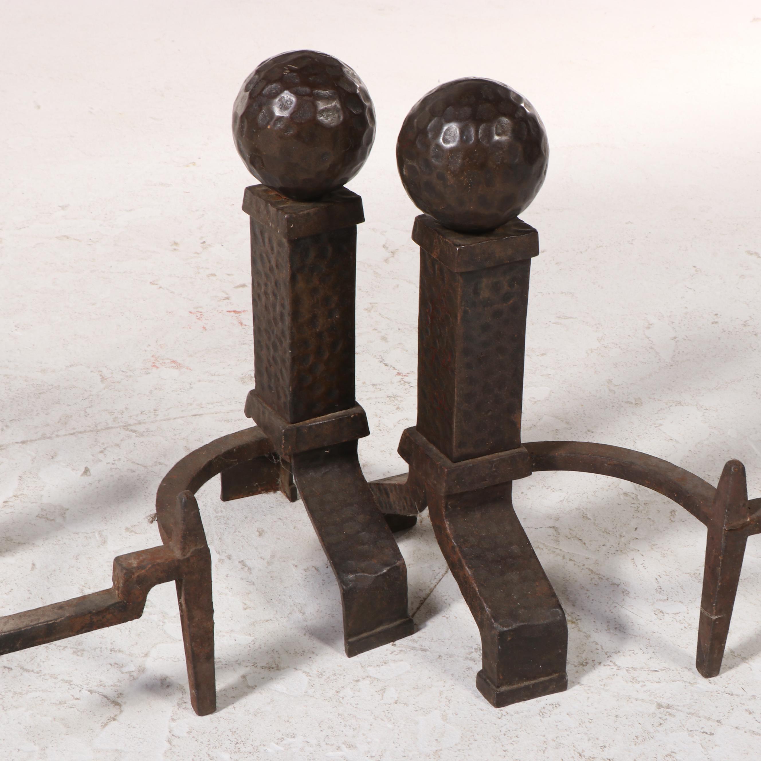 Two Wrought Iron Fireplace Tools with Stand Plus Pair of Peerless Andirons