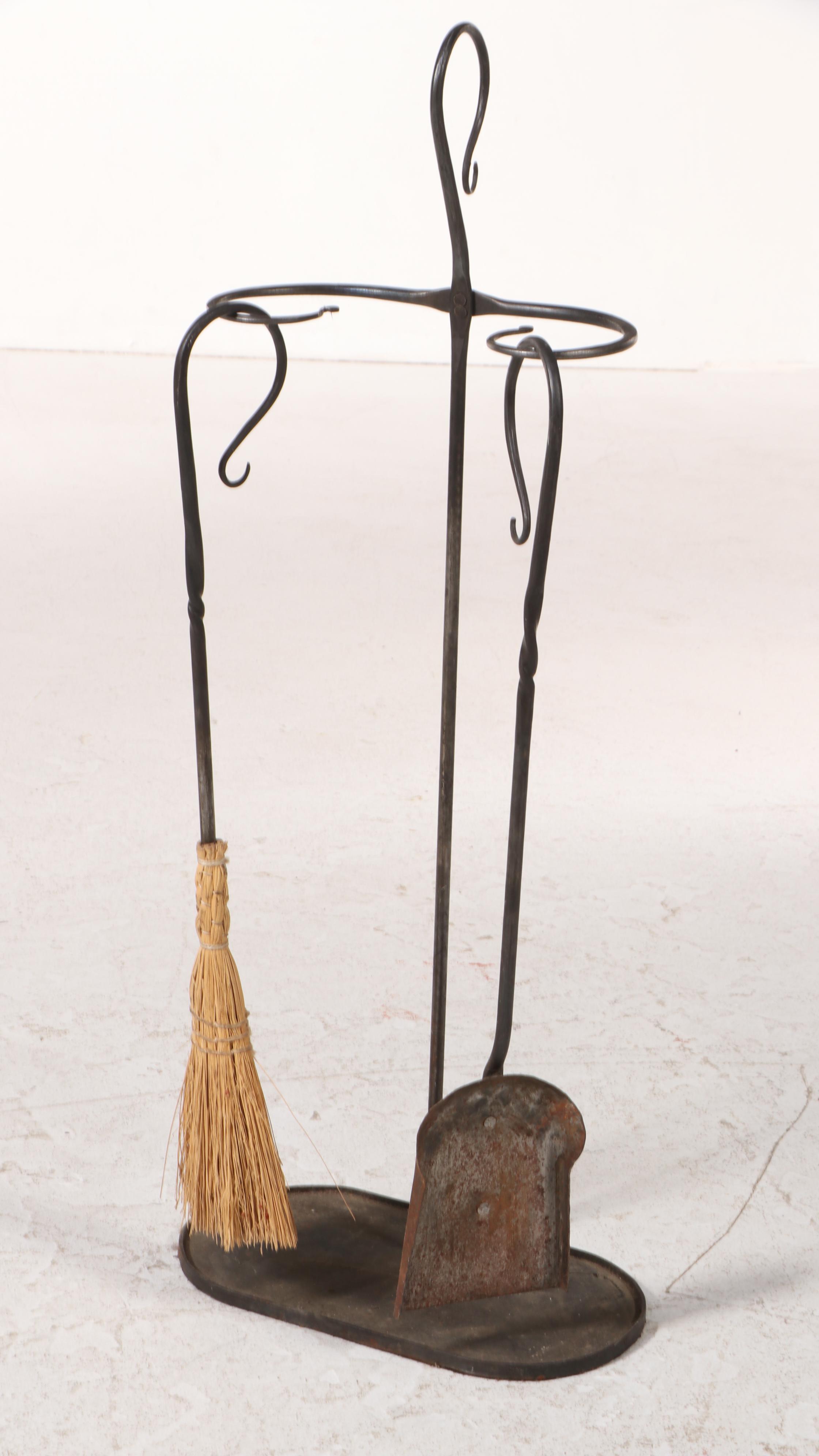 Two Wrought Iron Fireplace Tools with Stand Plus Pair of Peerless Andirons