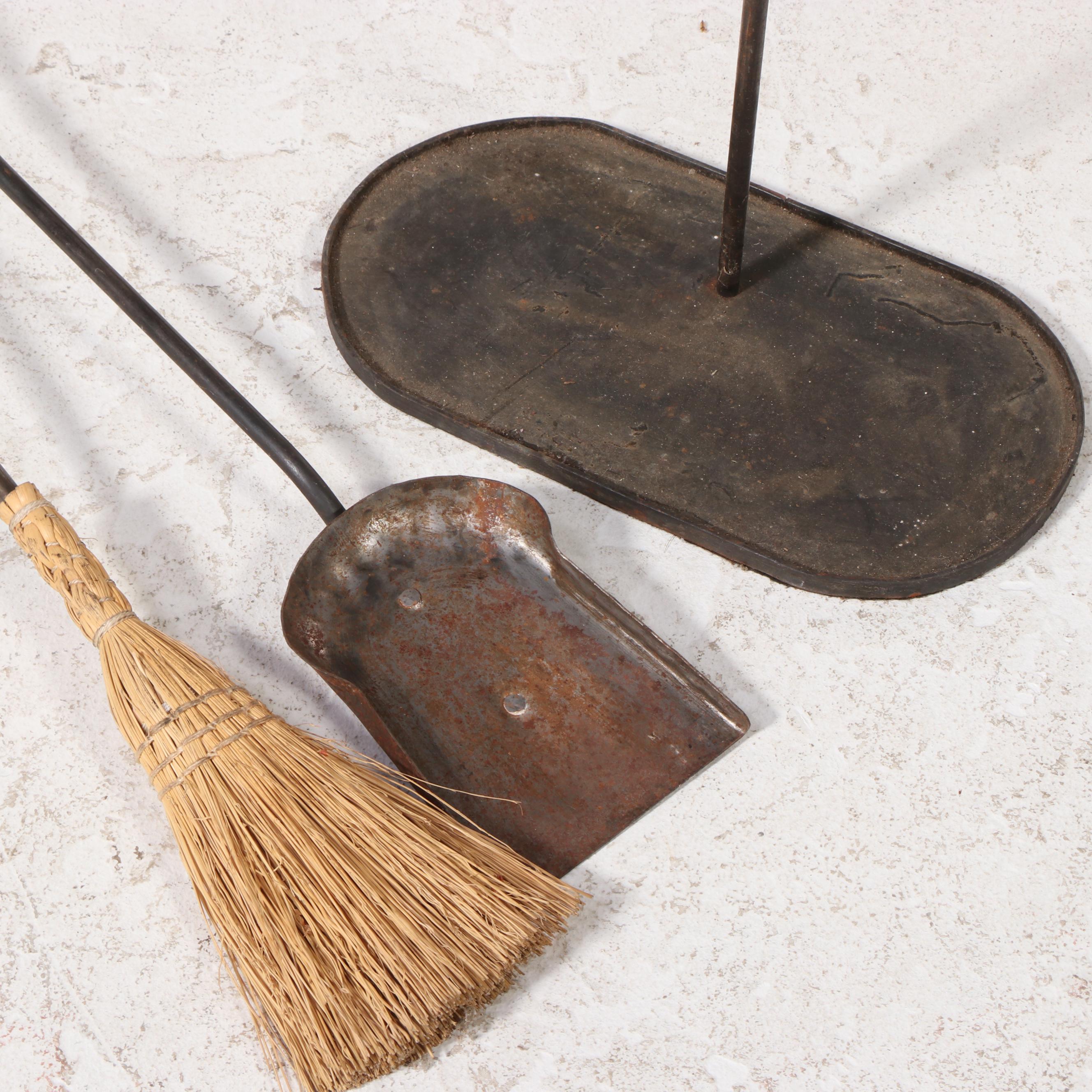 Two Wrought Iron Fireplace Tools with Stand Plus Pair of Peerless Andirons