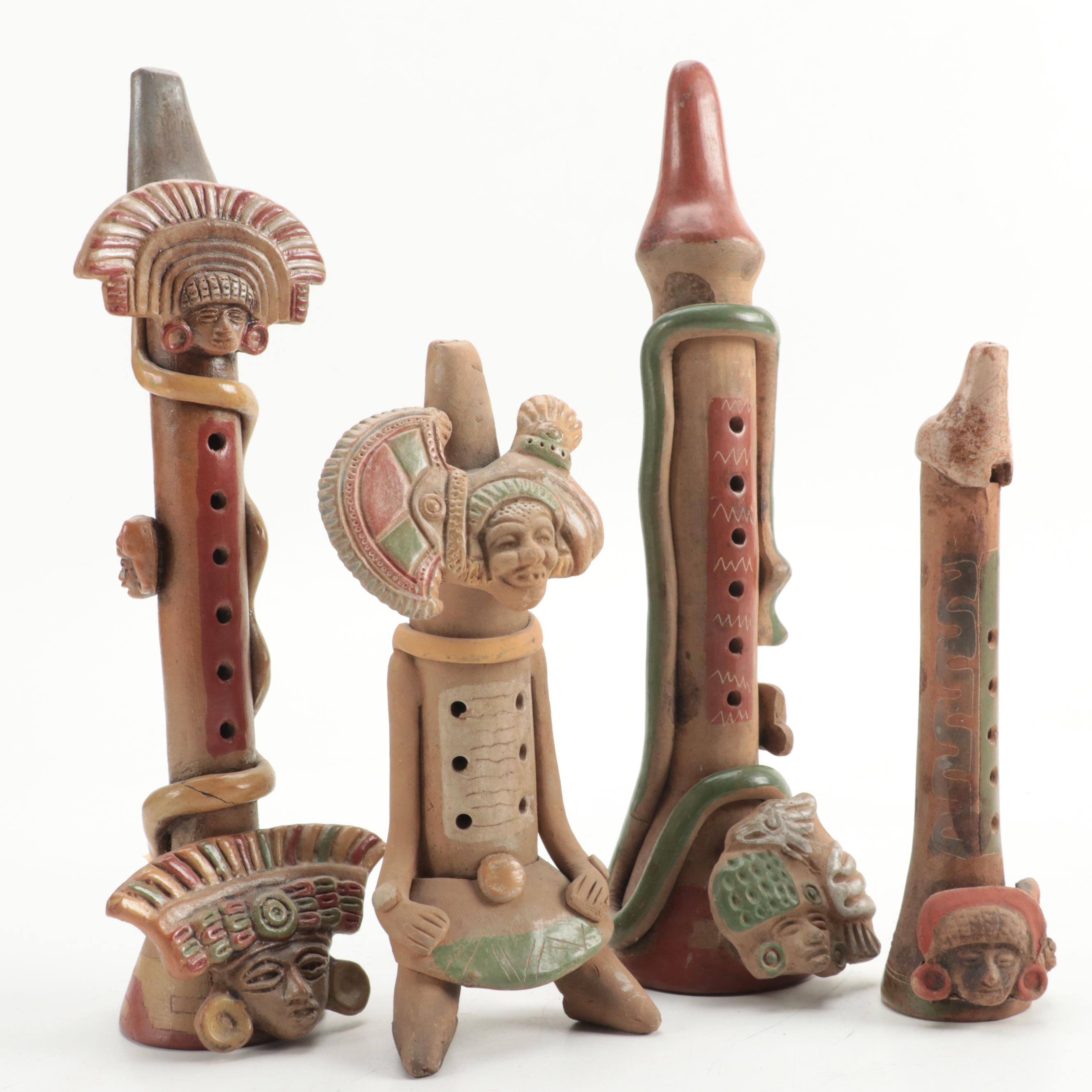 Central American Style Hand-Painted Aztec Themed Clay Flutes