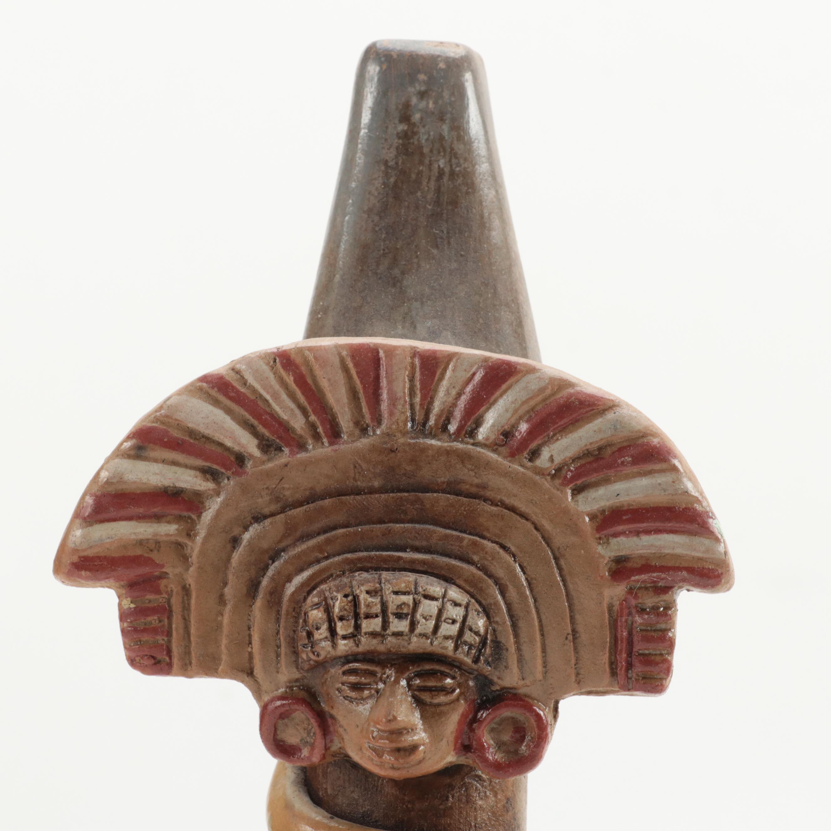 Central American Style Hand-Painted Aztec Themed Clay Flutes