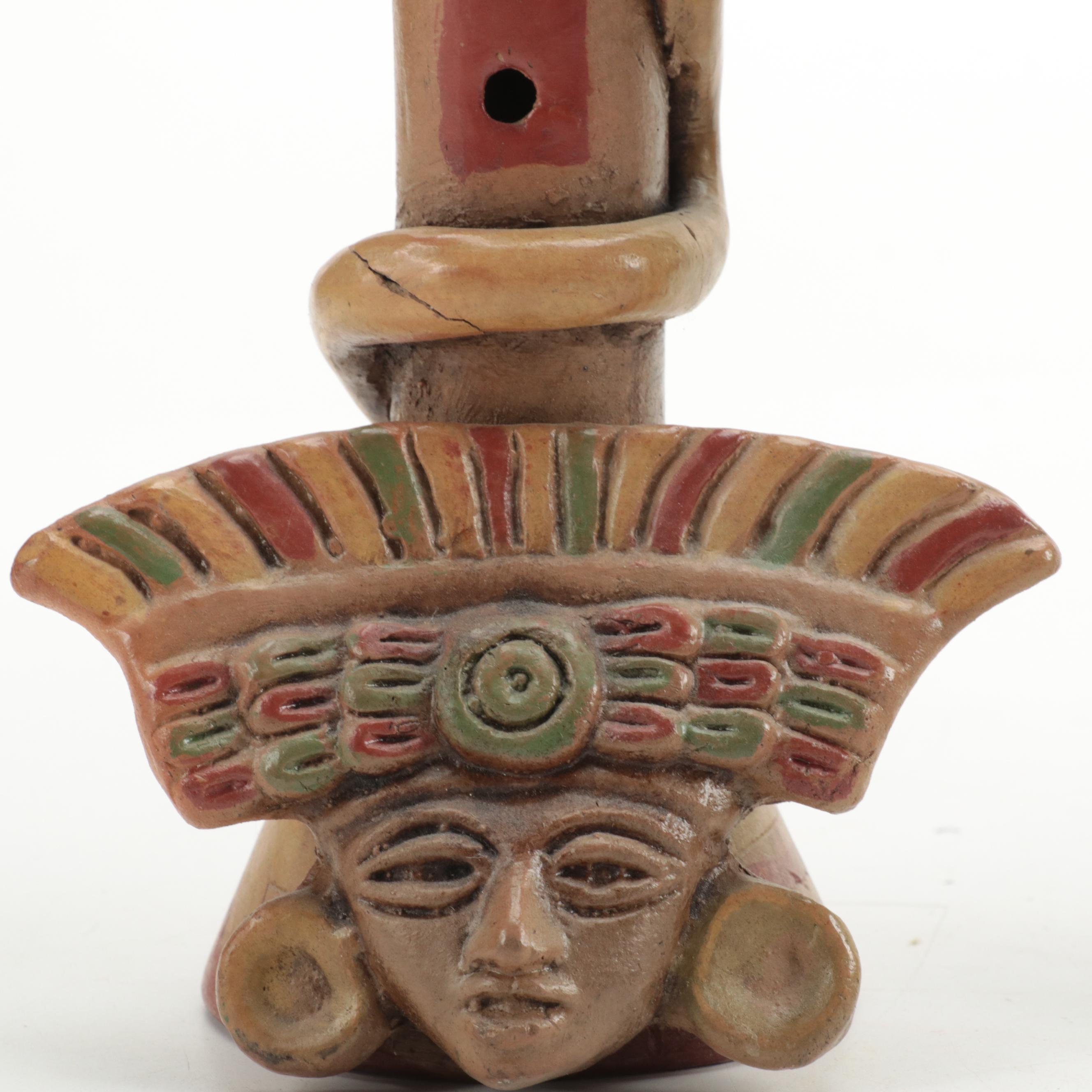 Central American Style Hand-Painted Aztec Themed Clay Flutes
