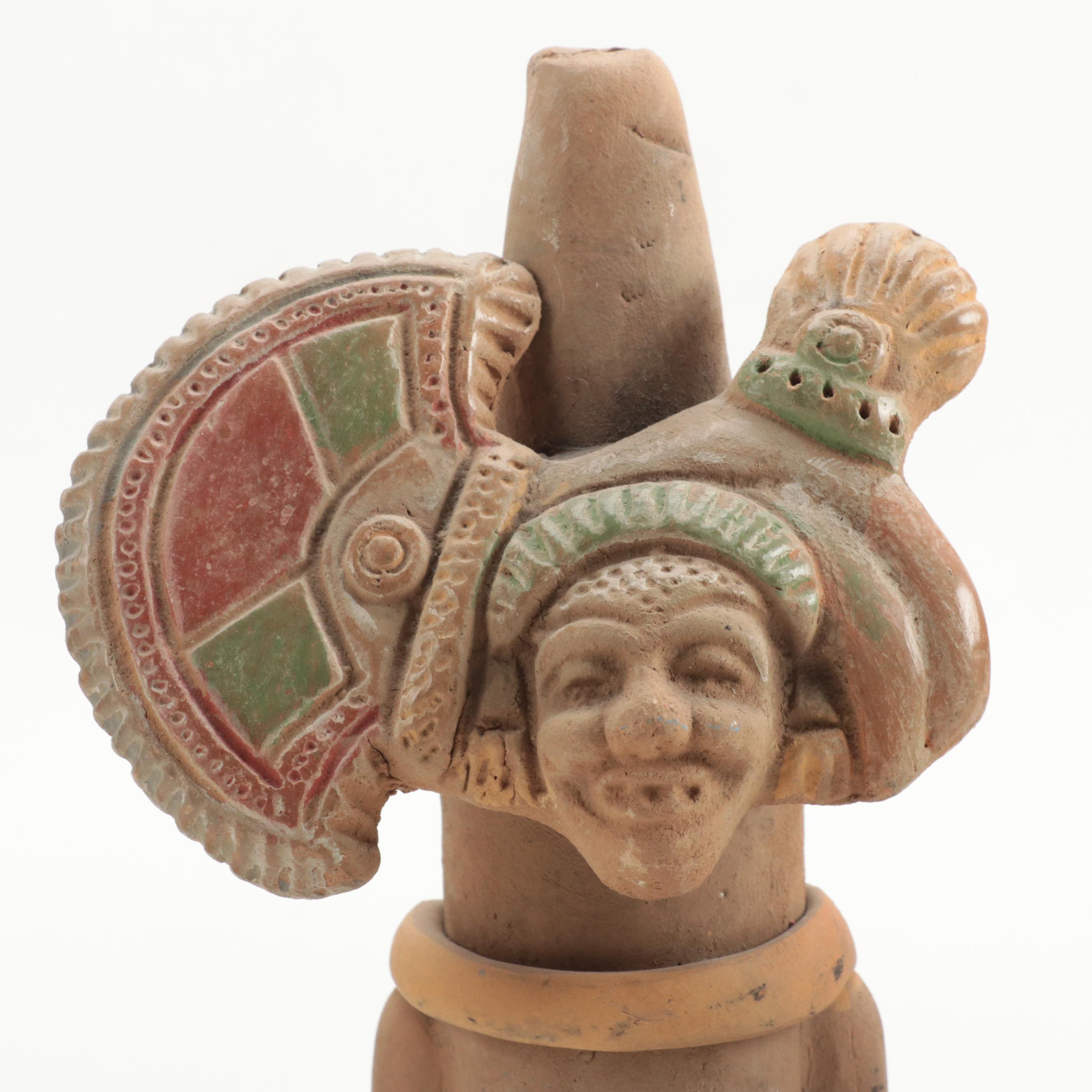 Central American Style Hand-Painted Aztec Themed Clay Flutes