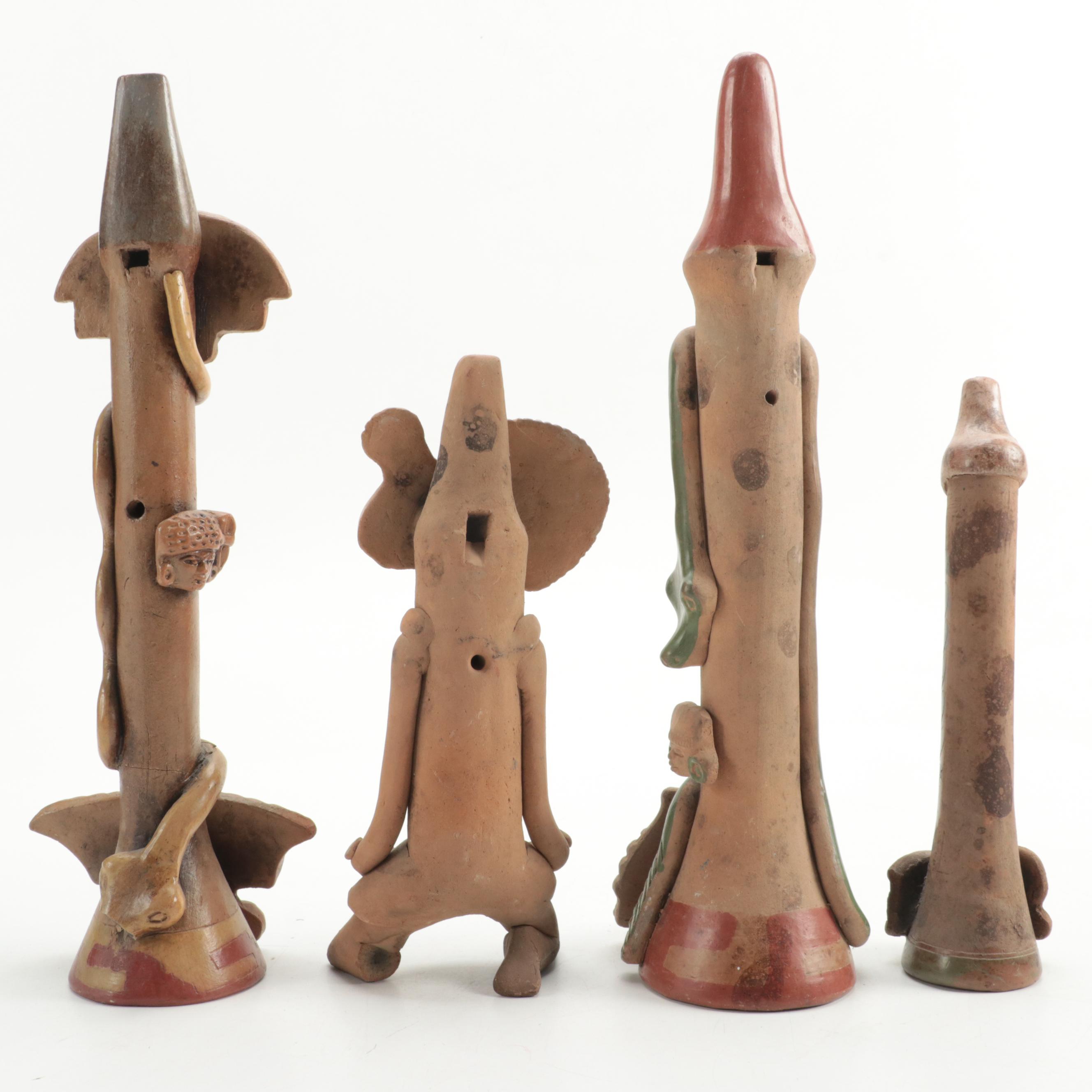 Central American Style Hand-Painted Aztec Themed Clay Flutes