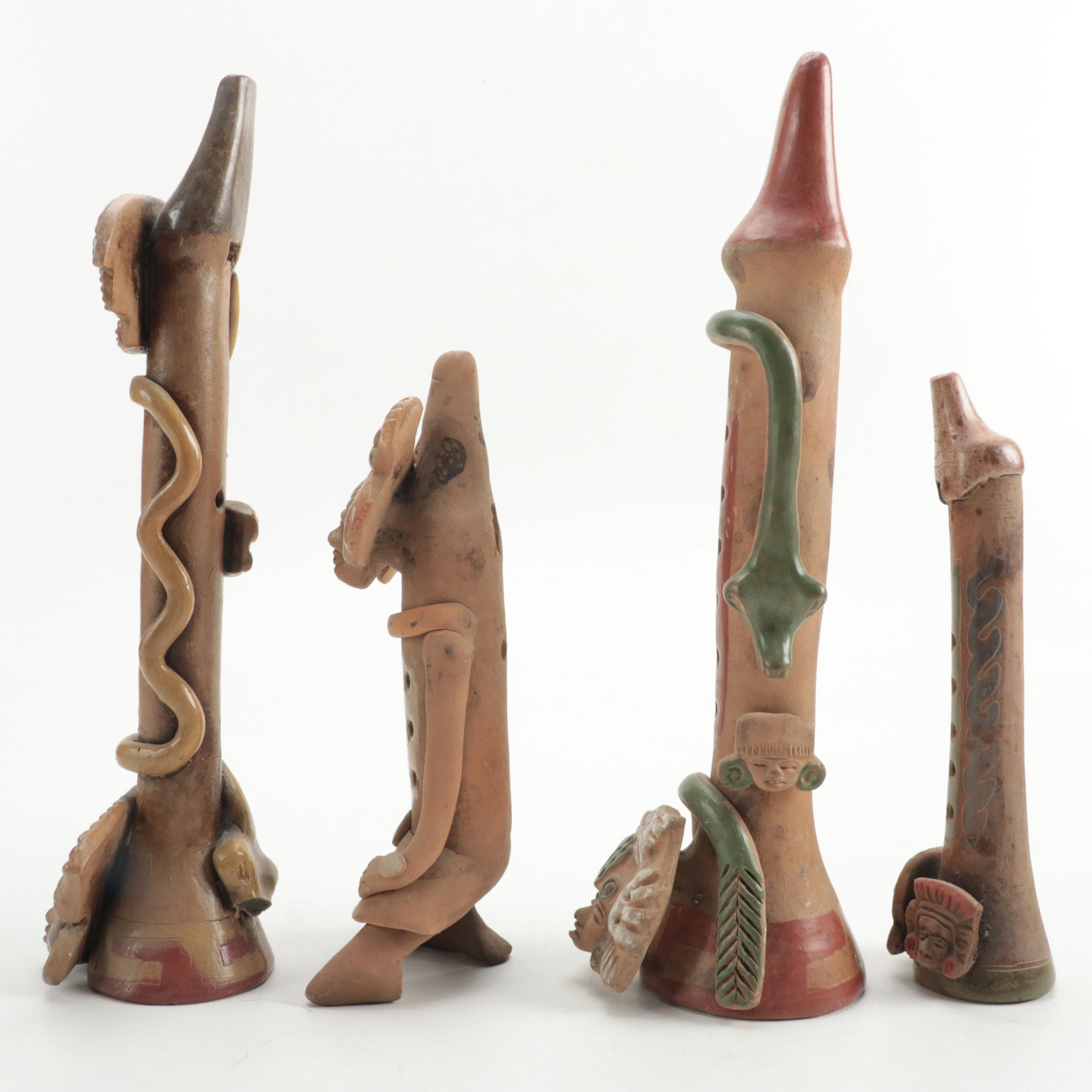 Central American Style Hand-Painted Aztec Themed Clay Flutes