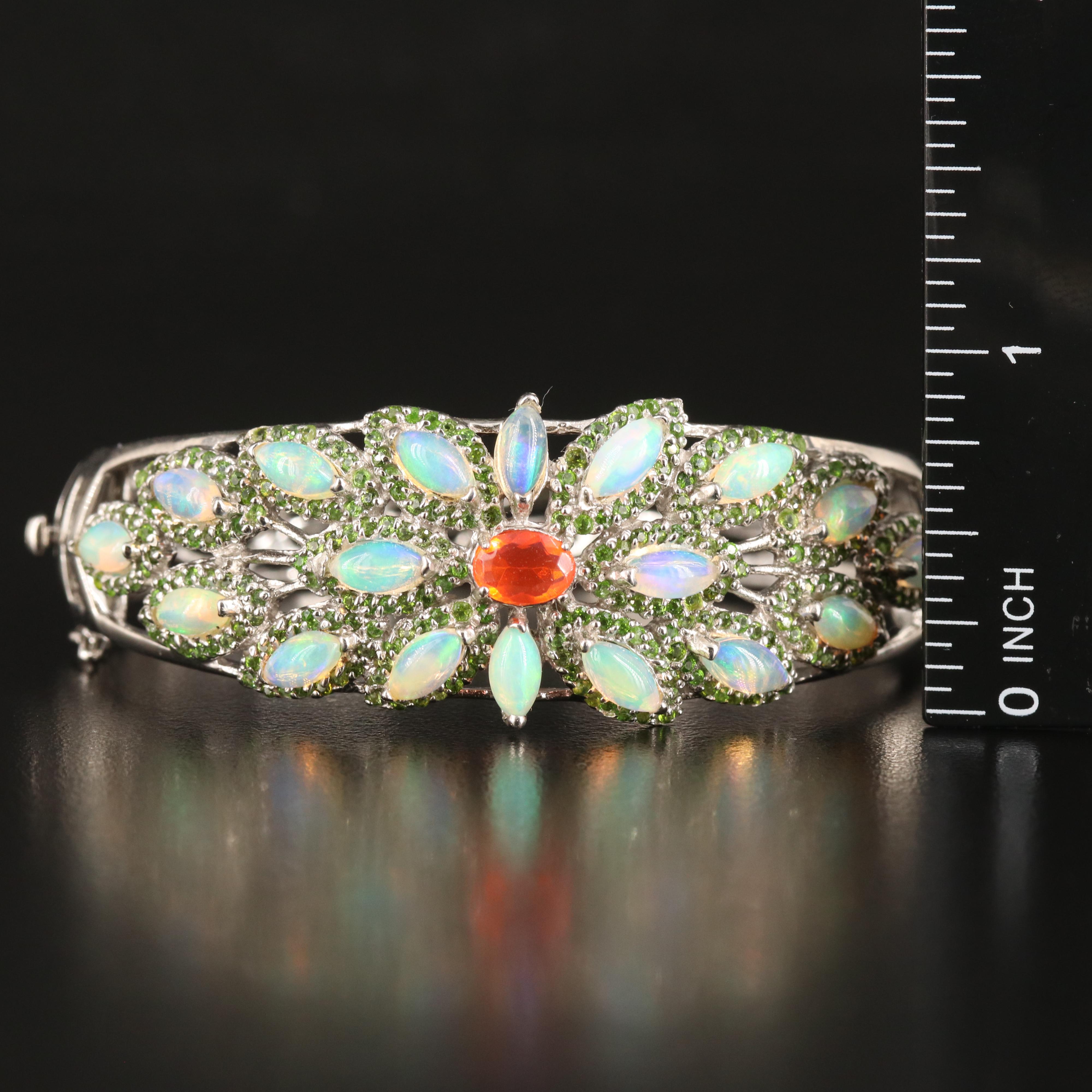 Sterling Fire Opal, Opal and Diopside Floral Hinged Bangle