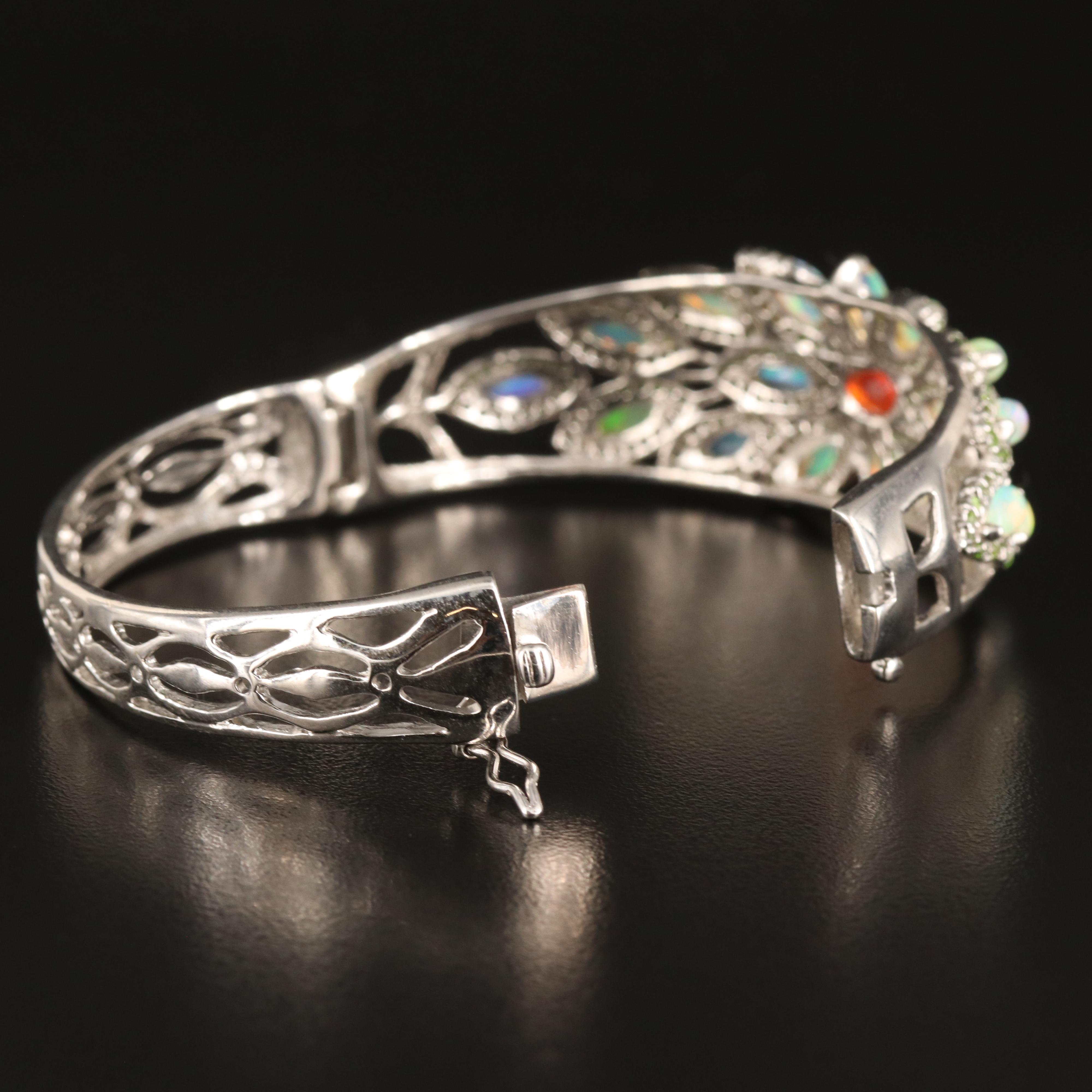 Sterling Fire Opal, Opal and Diopside Floral Hinged Bangle