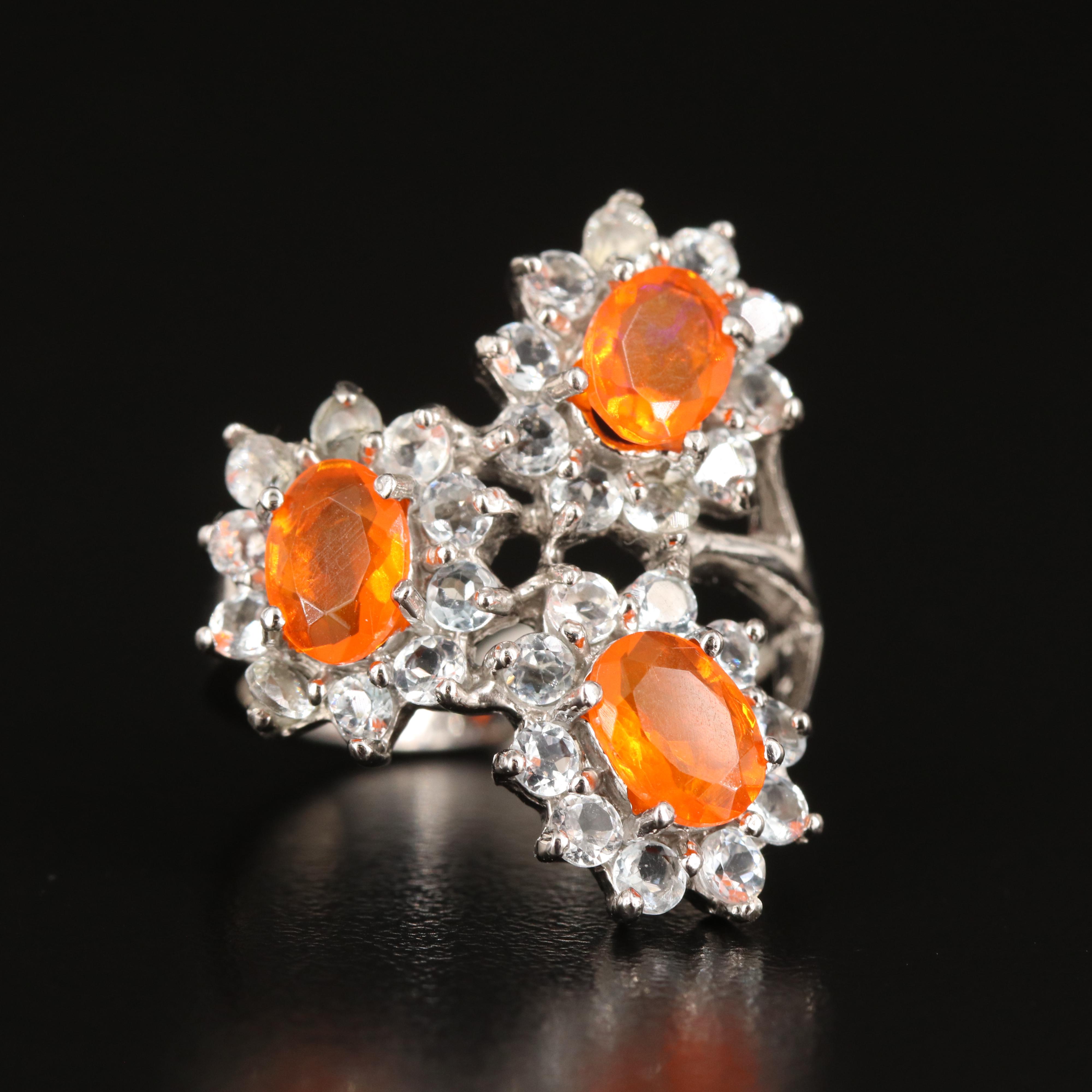 Sterling Fire Opal and Aquamarine Triple Cluster Ring