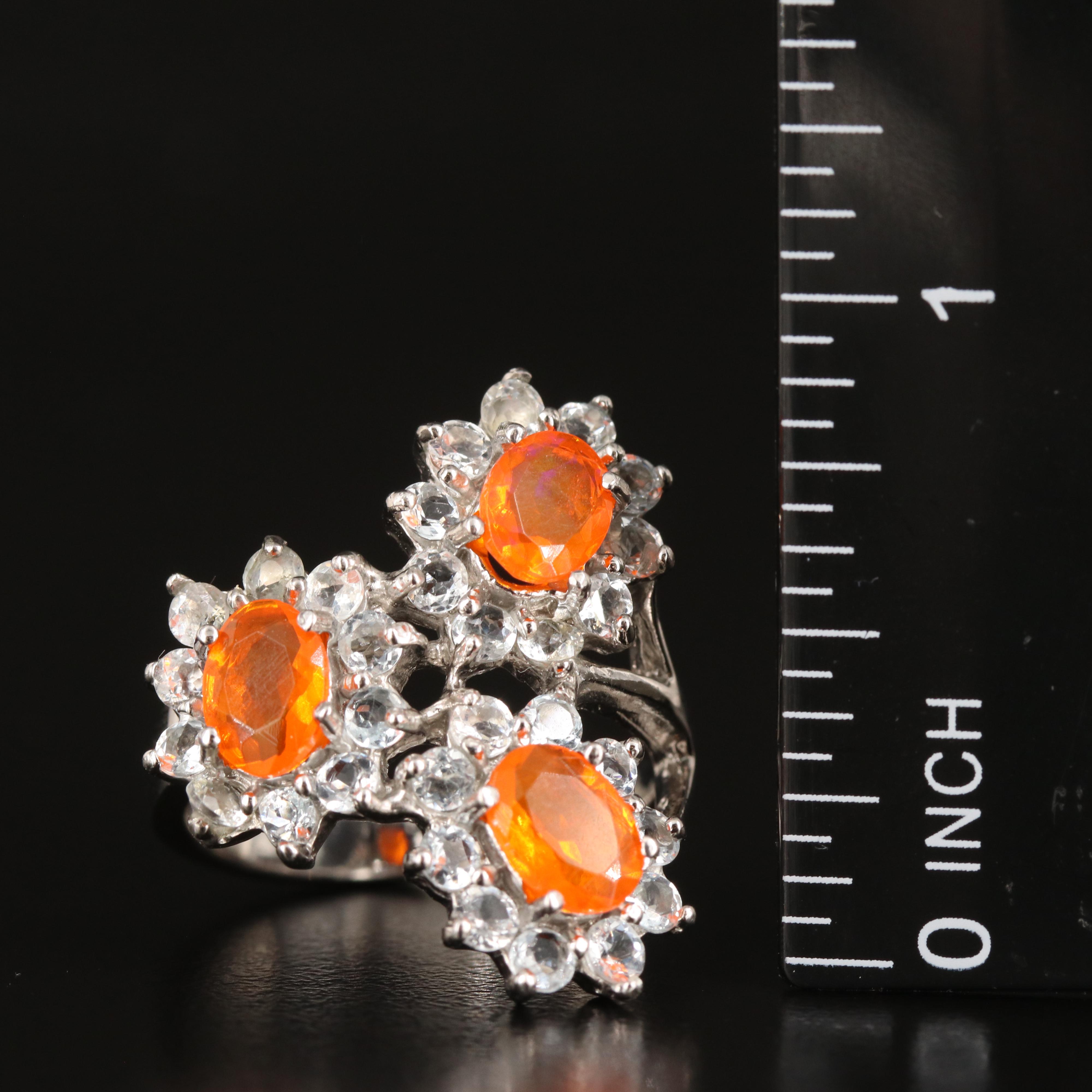 Sterling Fire Opal and Aquamarine Triple Cluster Ring