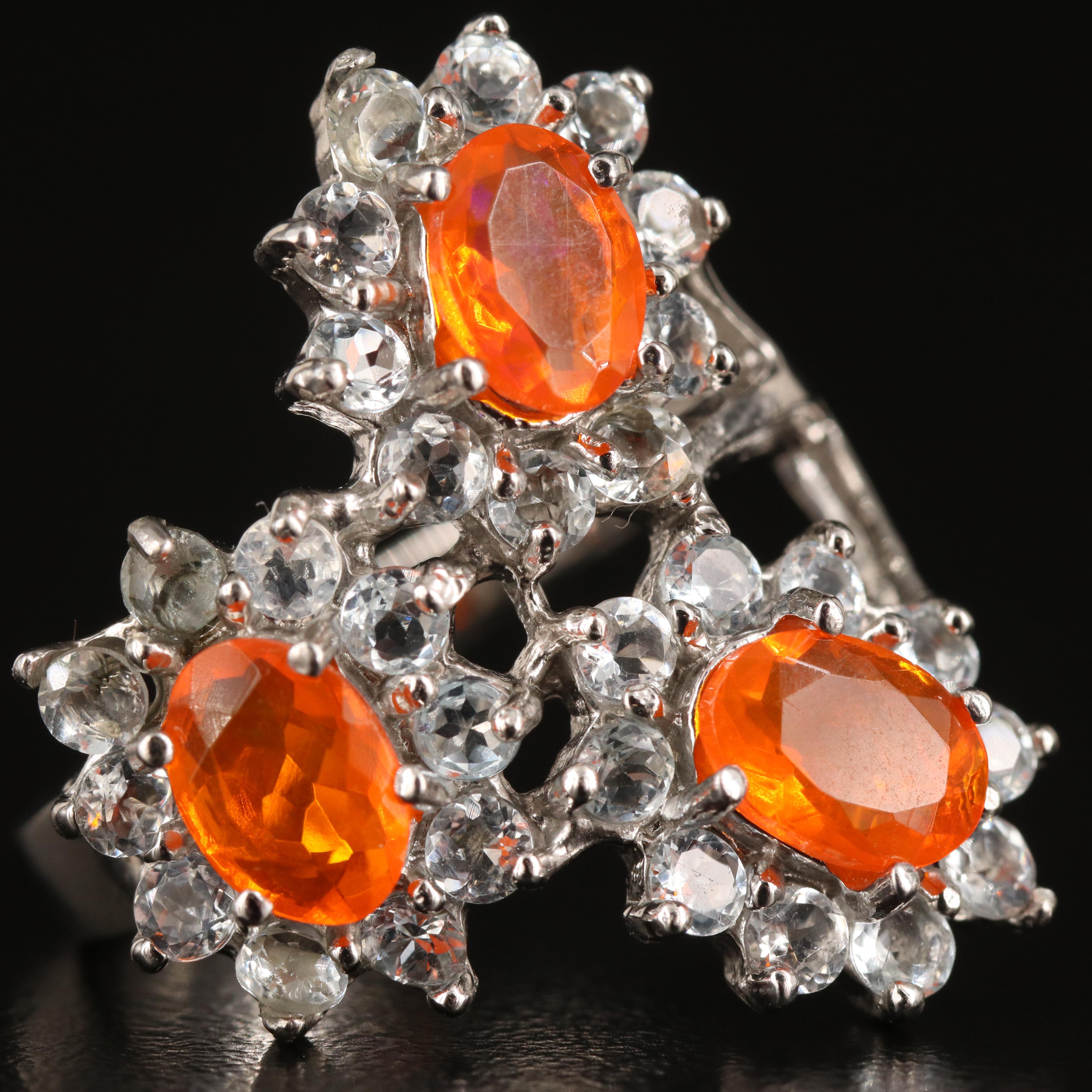 Sterling Fire Opal and Aquamarine Triple Cluster Ring