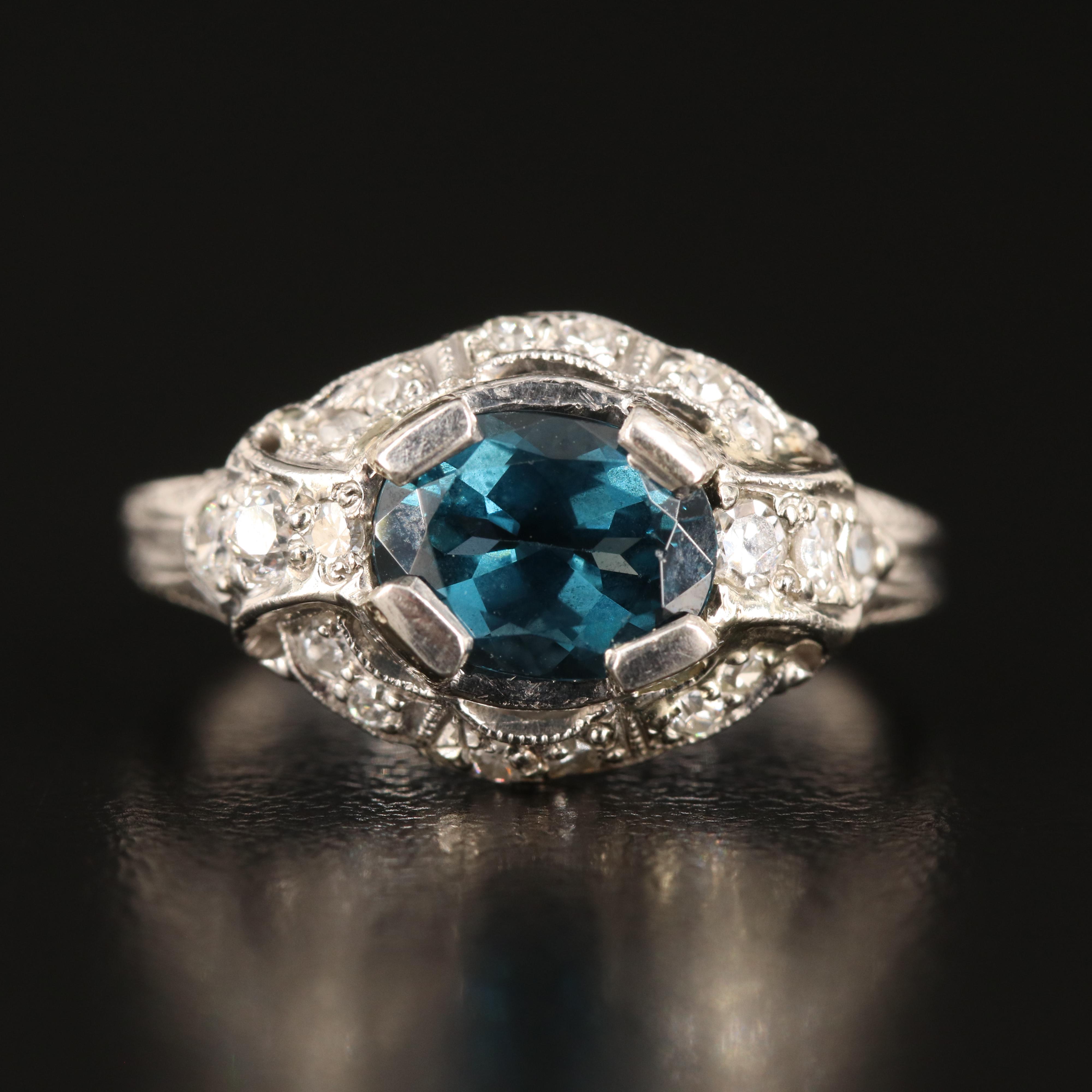 Vintage Platinum and 14K London Blue Topaz and Diamond Ring