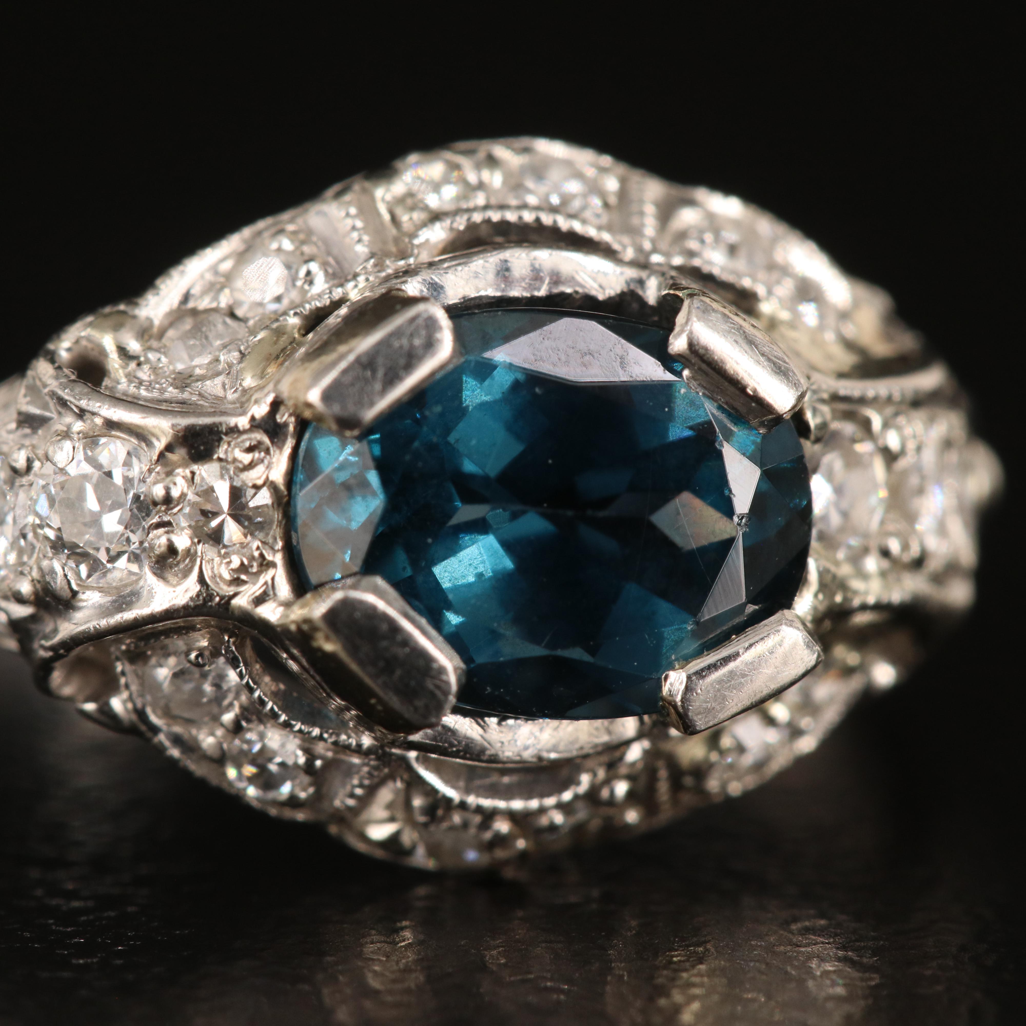 Vintage Platinum and 14K London Blue Topaz and Diamond Ring