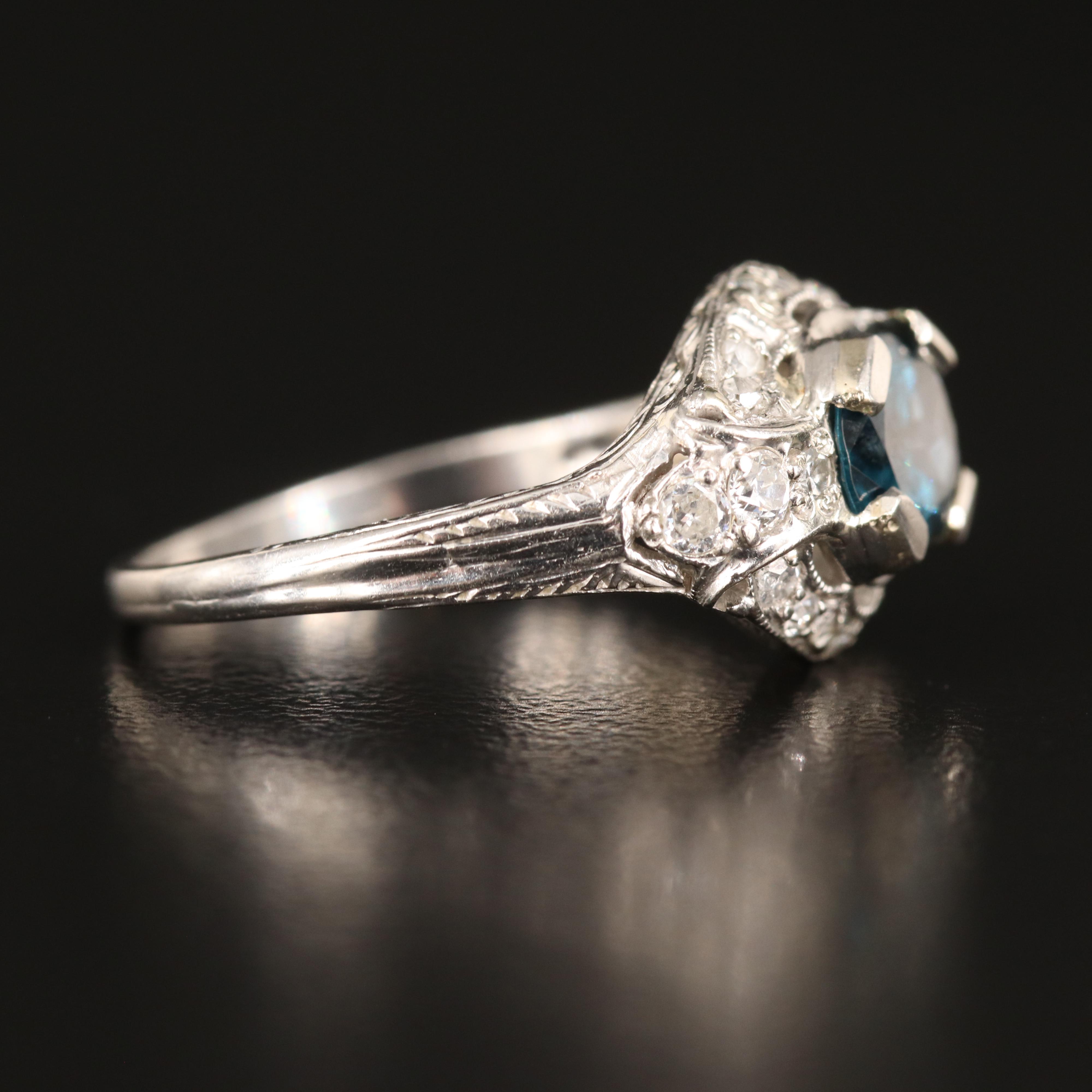 Vintage Platinum and 14K London Blue Topaz and Diamond Ring