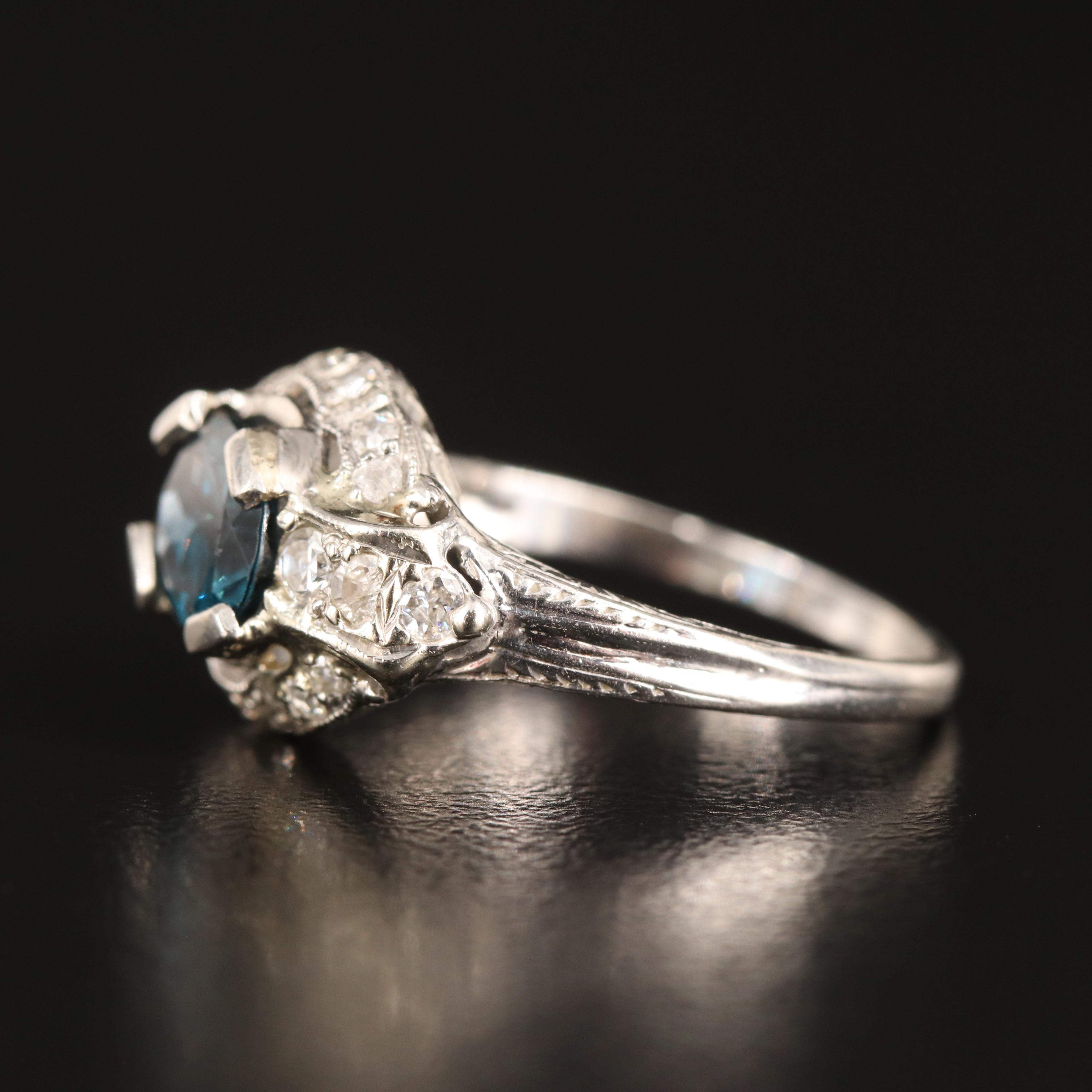 Vintage Platinum and 14K London Blue Topaz and Diamond Ring