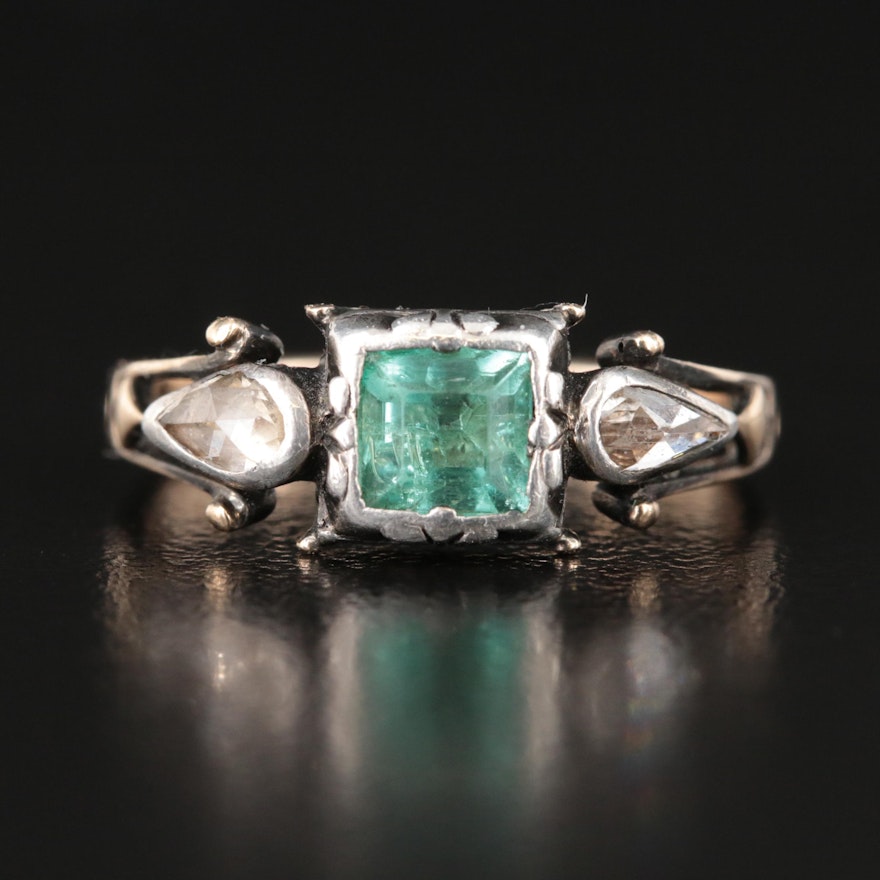 Georgian Revival 14K and Sterling Emerald and Diamond Ring