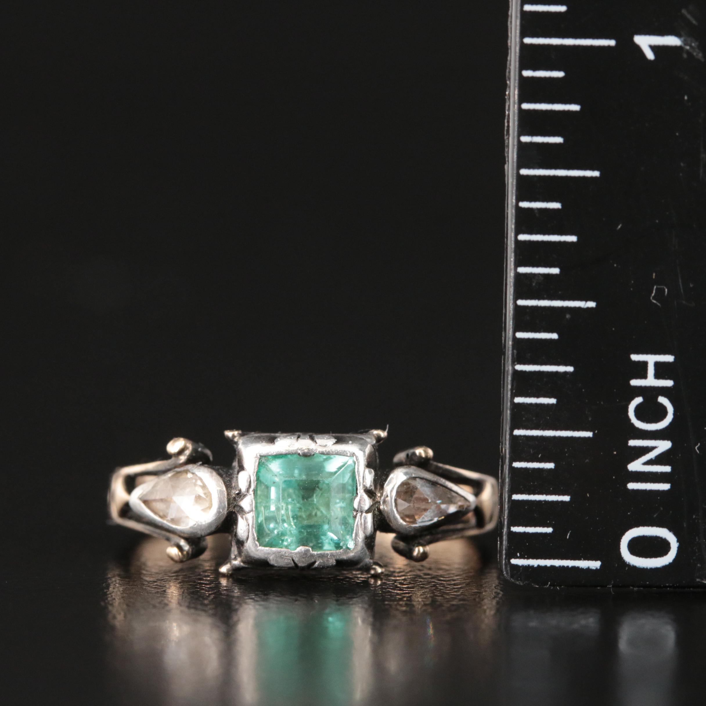 Georgian Revival 14K and Sterling Emerald and Diamond Ring