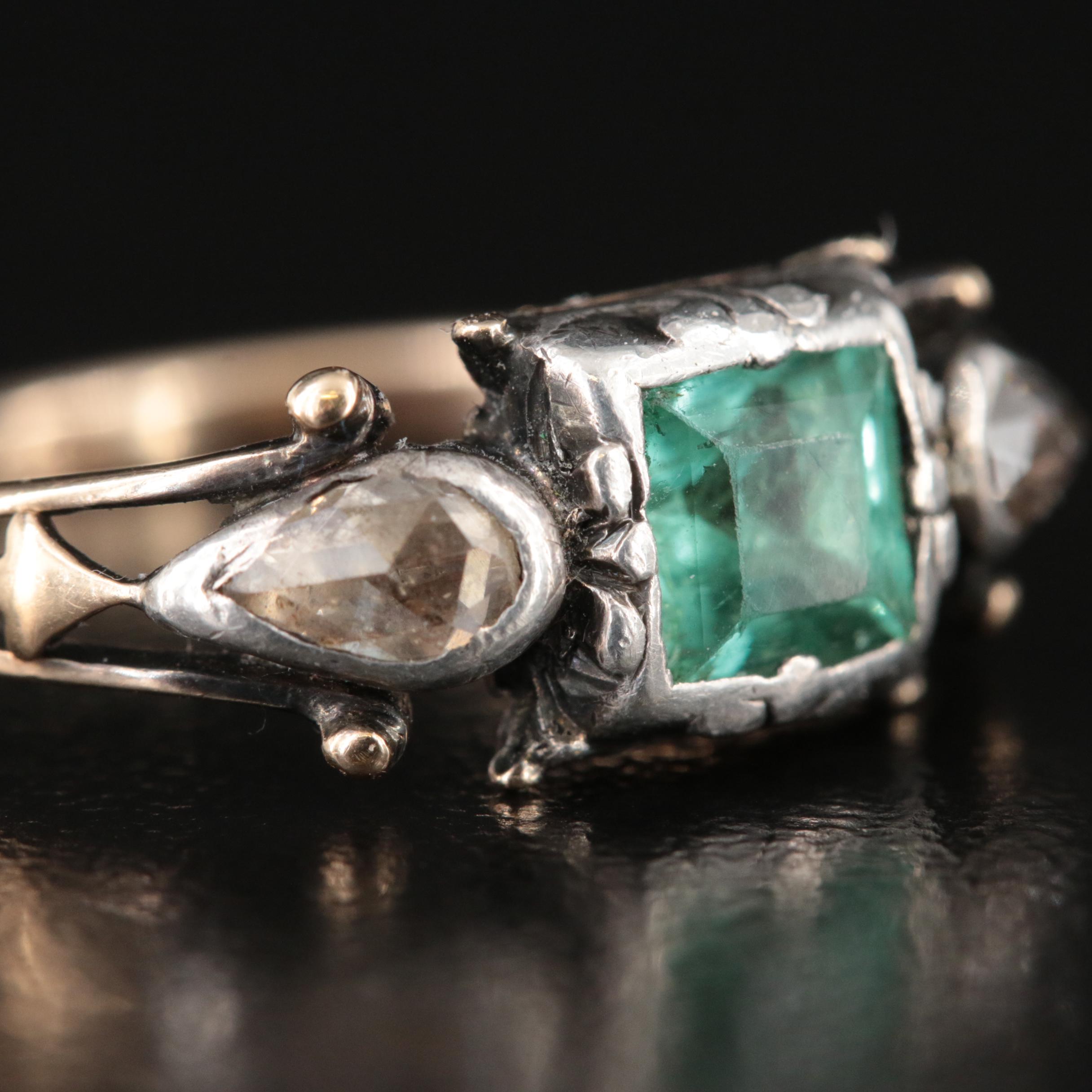 Georgian Revival 14K and Sterling Emerald and Diamond Ring