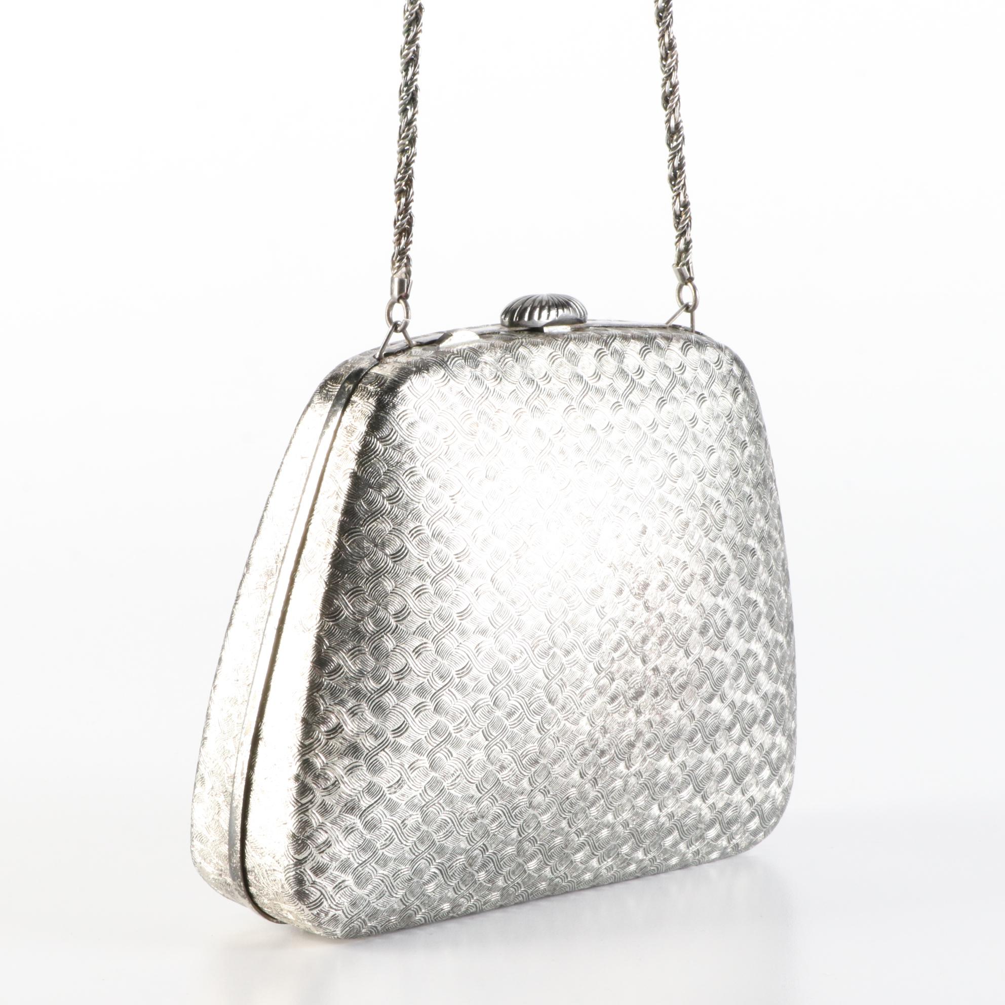 Saks Fifth Avenue Textured Metal Frame Clutch Purse with Strap