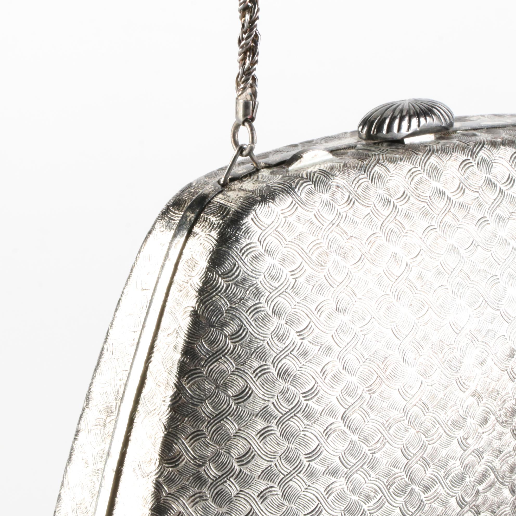 Saks Fifth Avenue Textured Metal Frame Clutch Purse with Strap