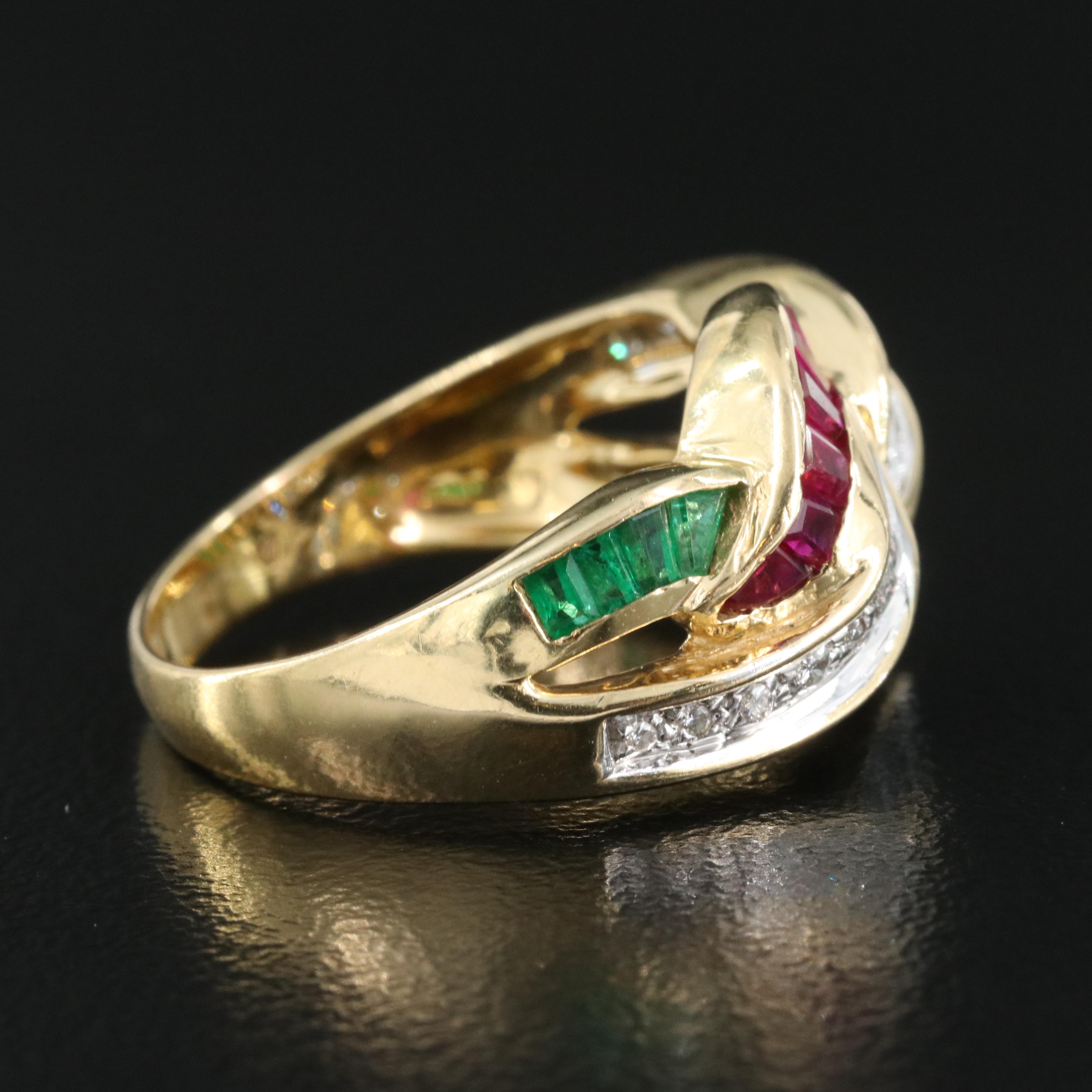 Vintage 18K Ruby, Sapphire, Emerald and Diamond Crossover Ring