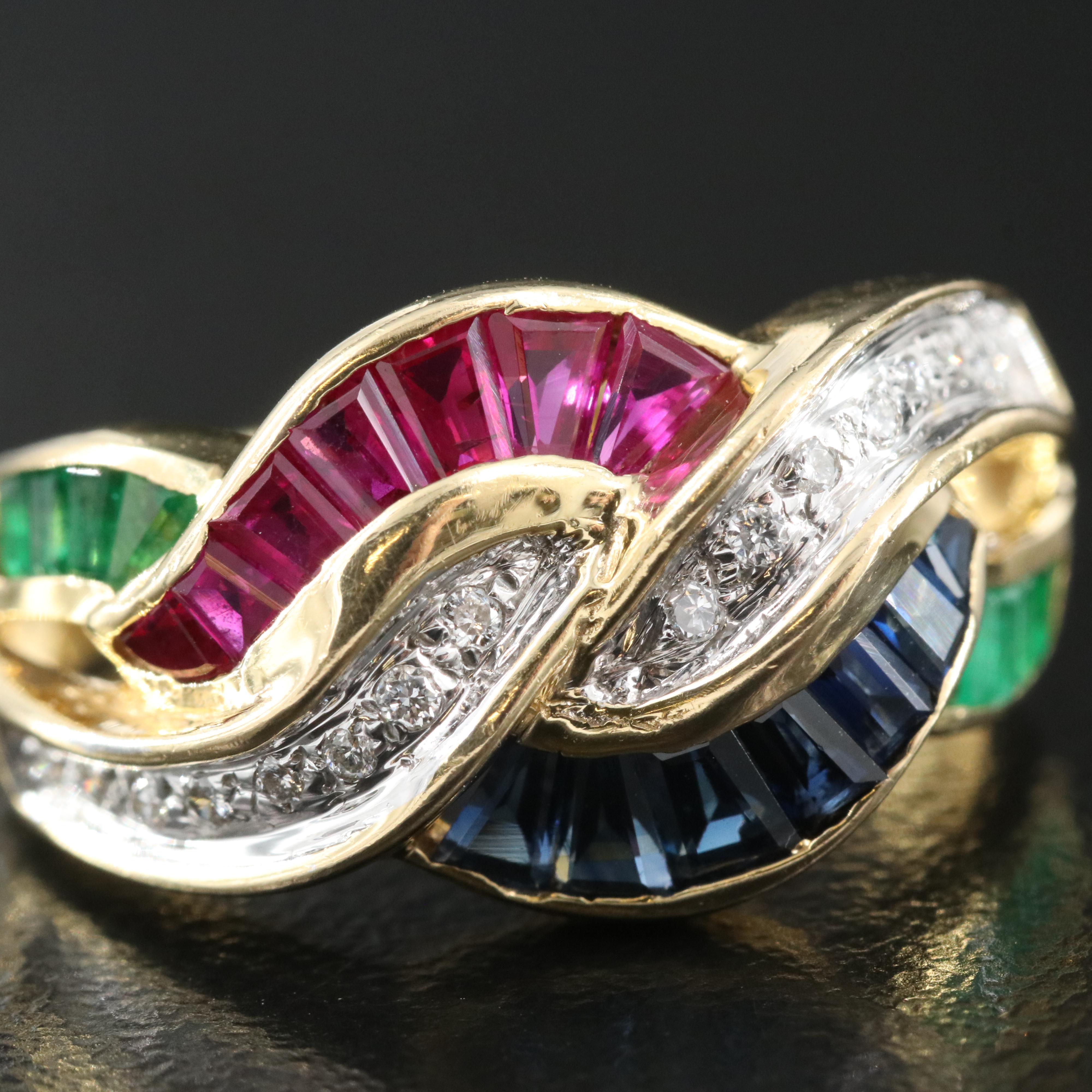Vintage 18K Ruby, Sapphire, Emerald and Diamond Crossover Ring