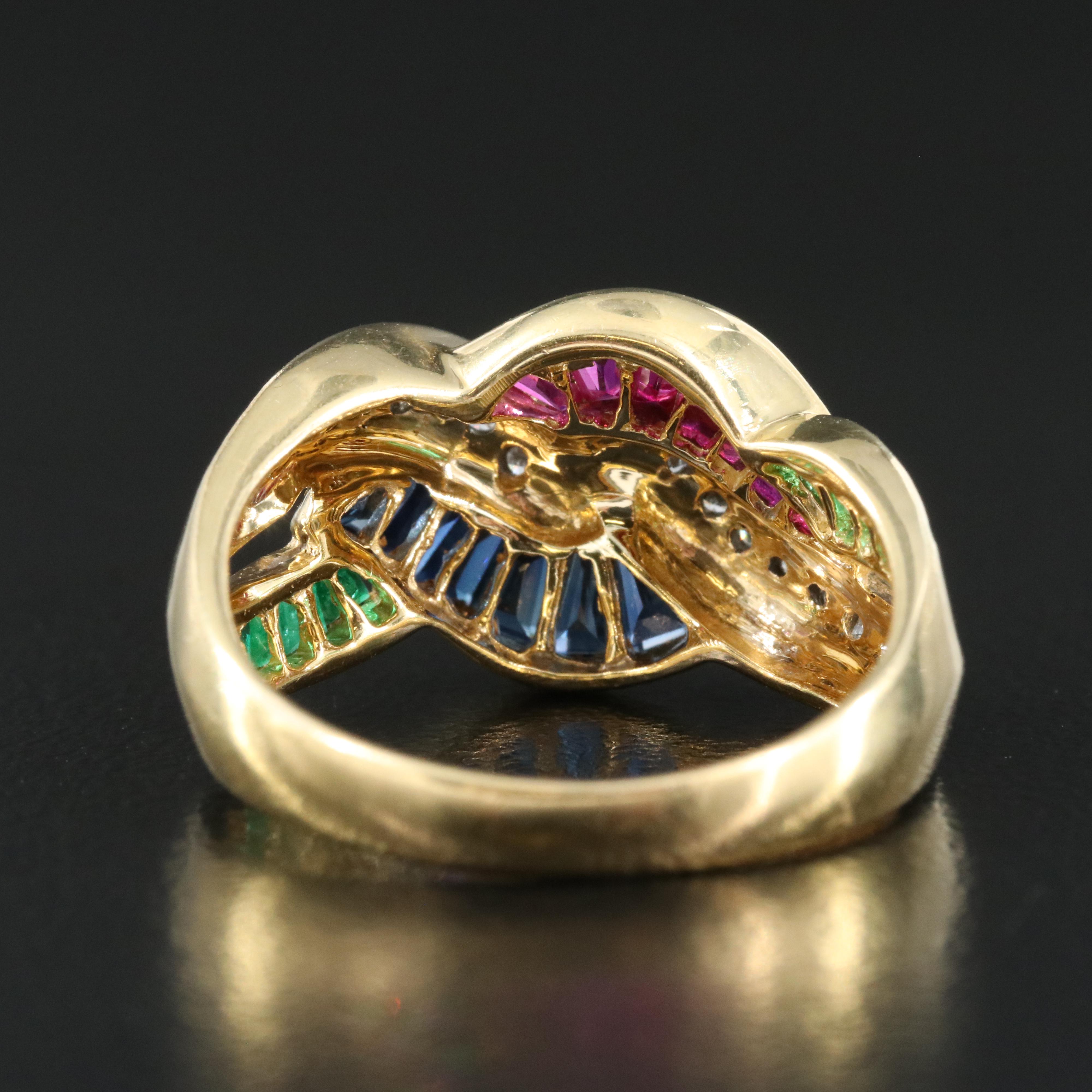 Vintage 18K Ruby, Sapphire, Emerald and Diamond Crossover Ring