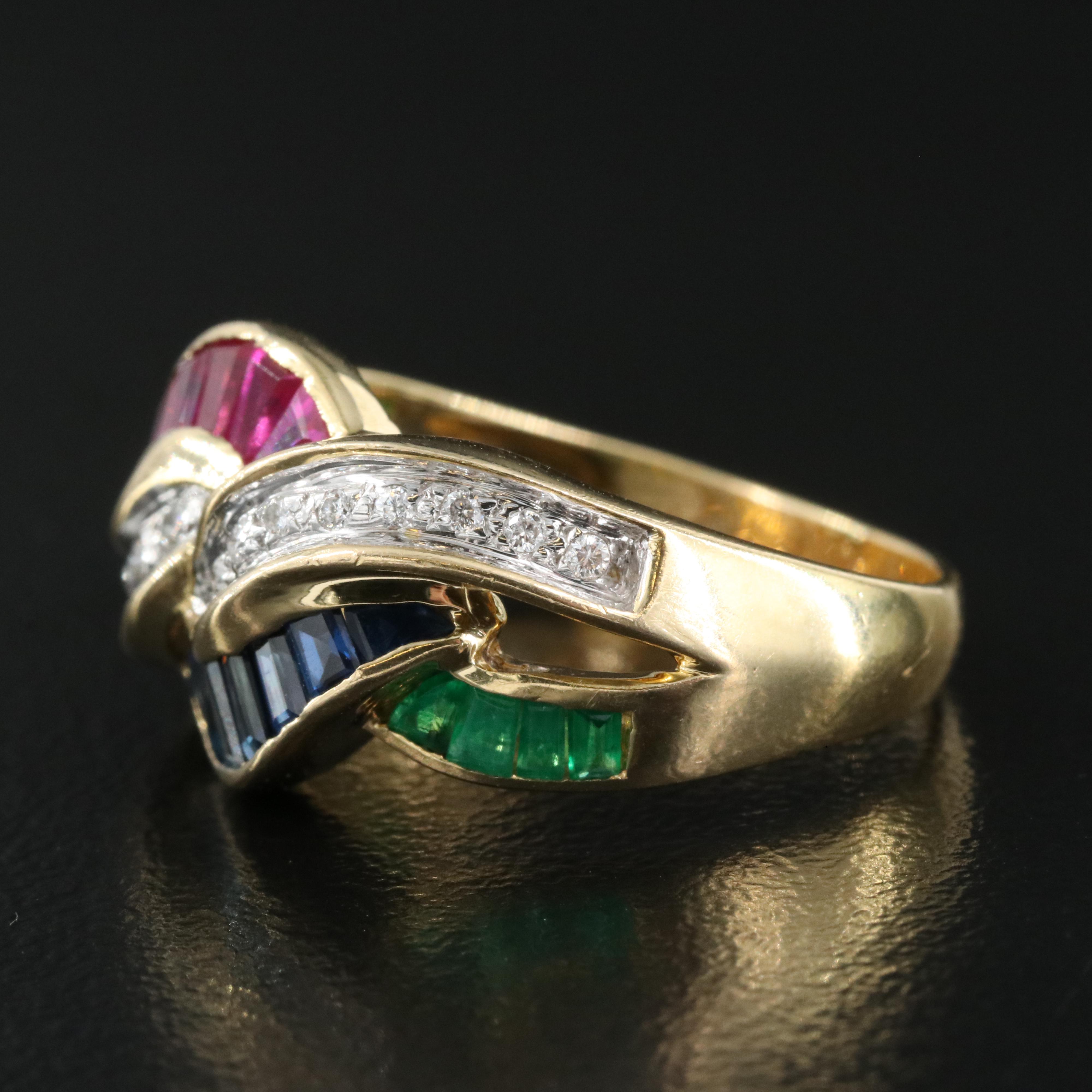 Vintage 18K Ruby, Sapphire, Emerald and Diamond Crossover Ring