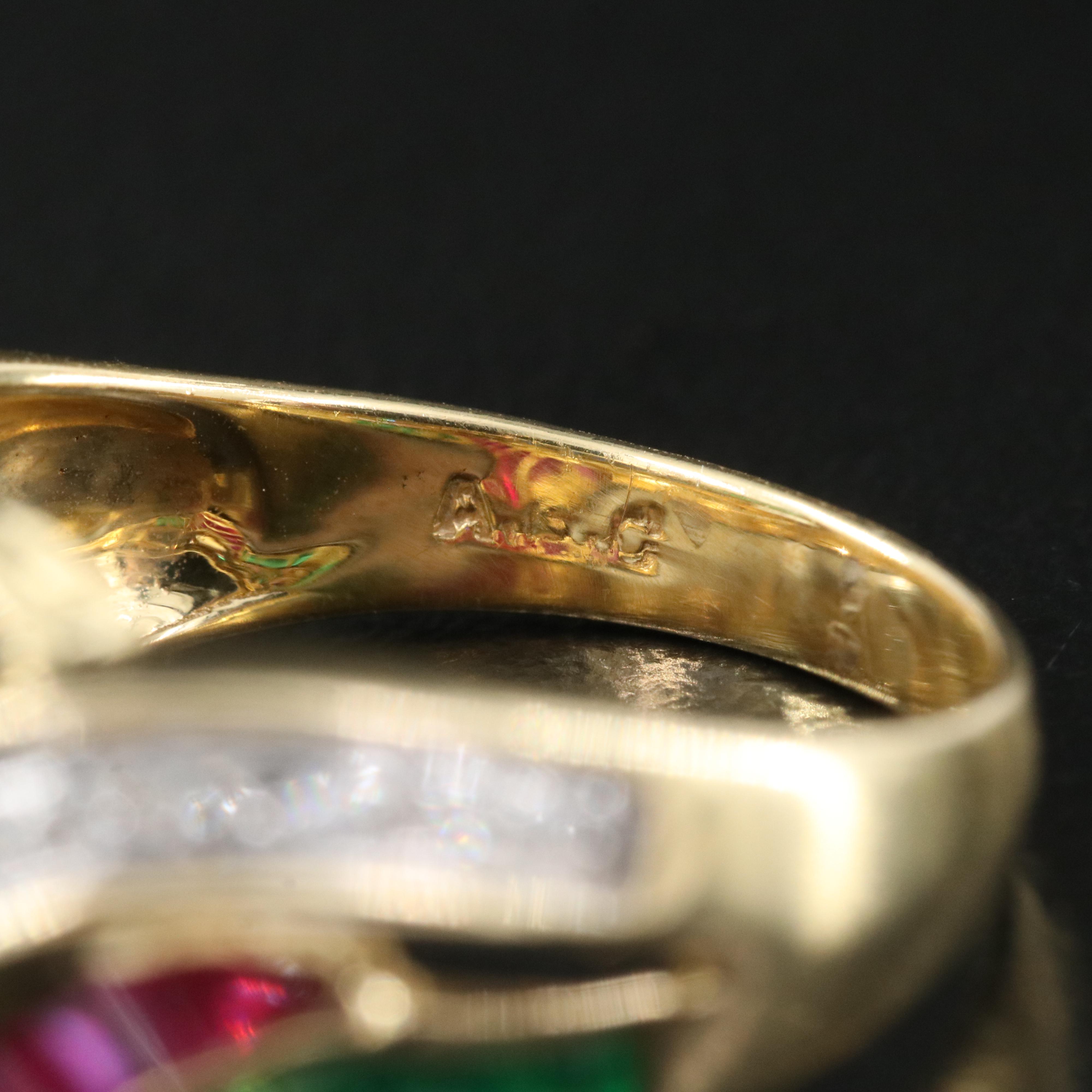 Vintage 18K Ruby, Sapphire, Emerald and Diamond Crossover Ring