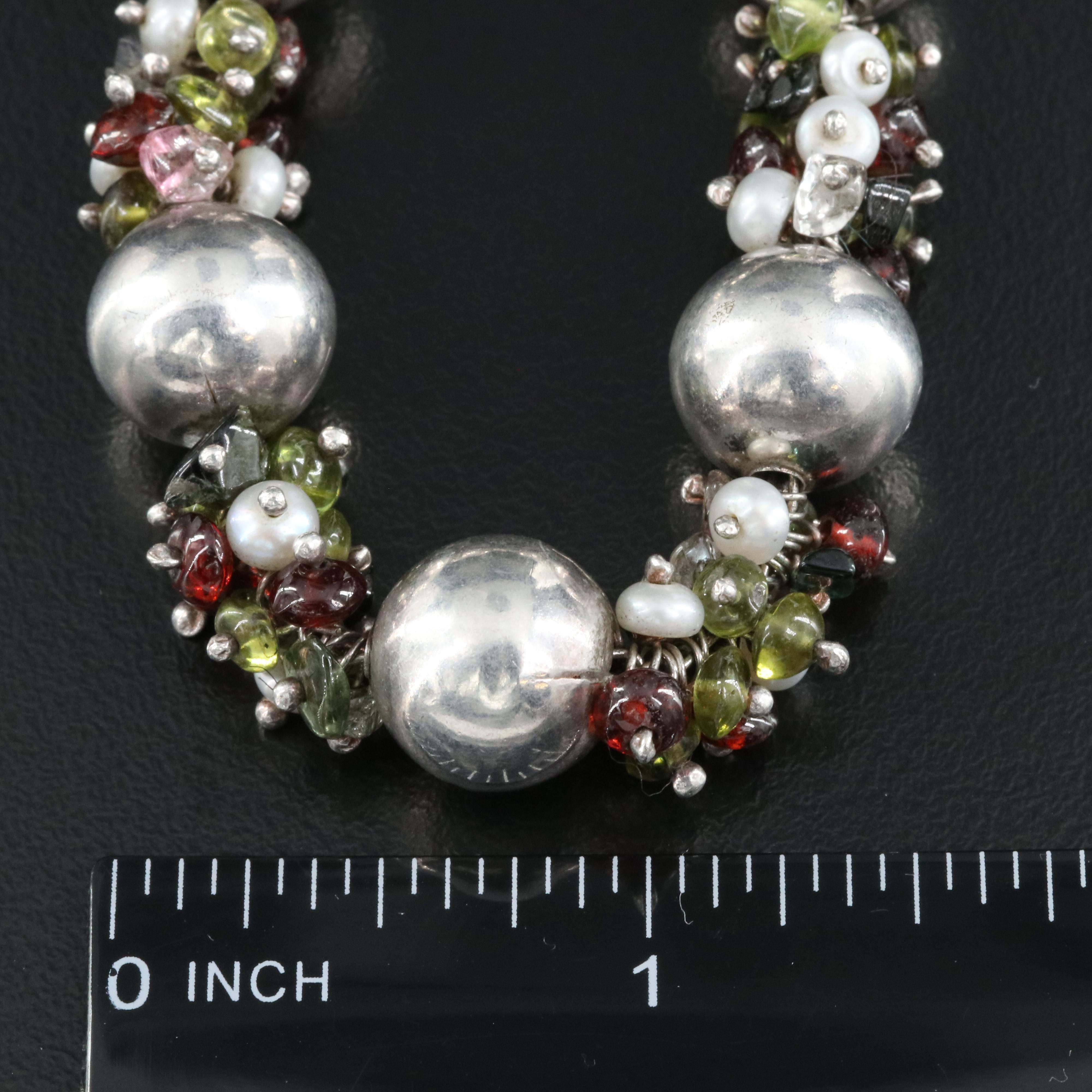 Sterling Necklace Including Pearl, Garnet and Peridot