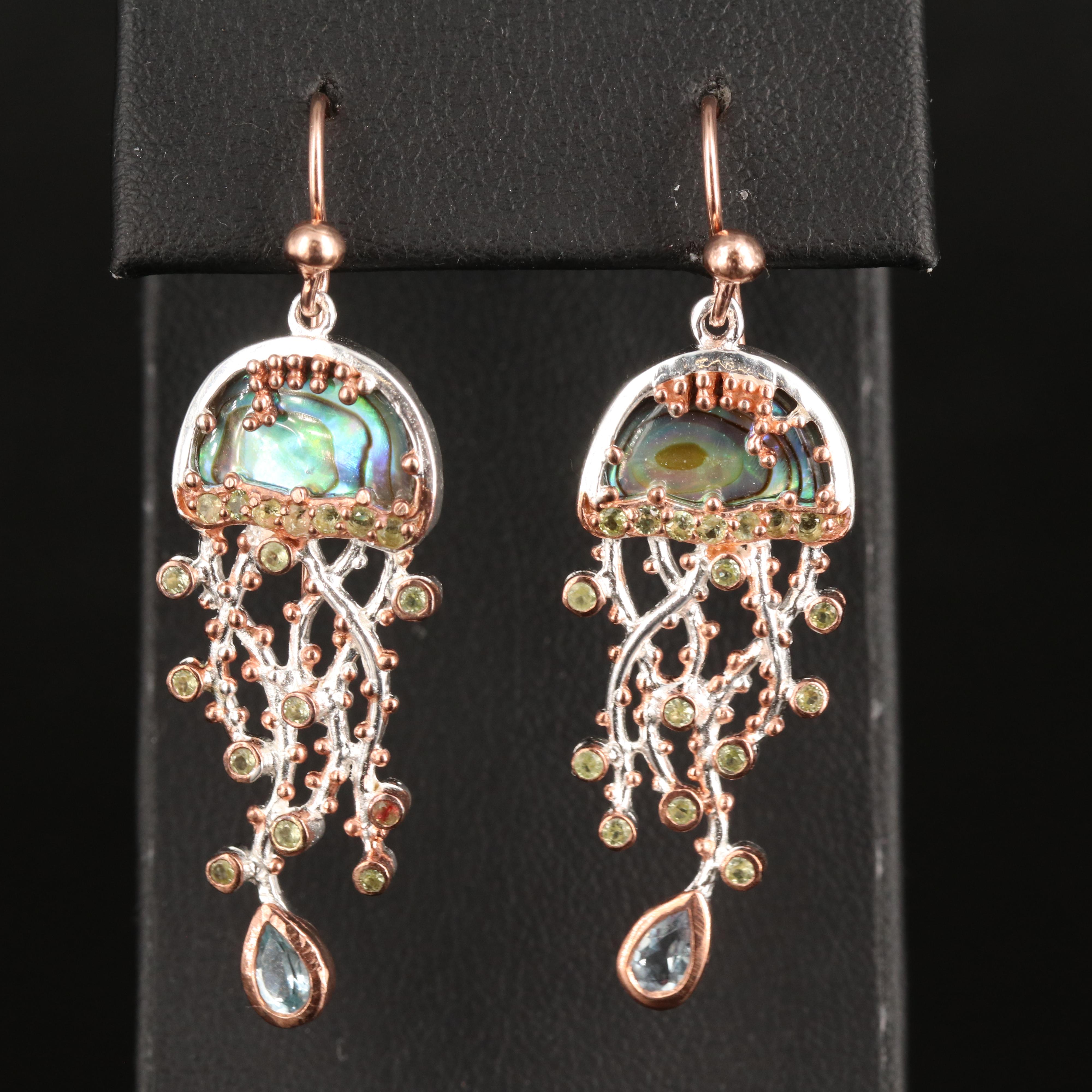 Sterling Abalone, Sky Blue Topaz and Peridot Jellyfish Earrings