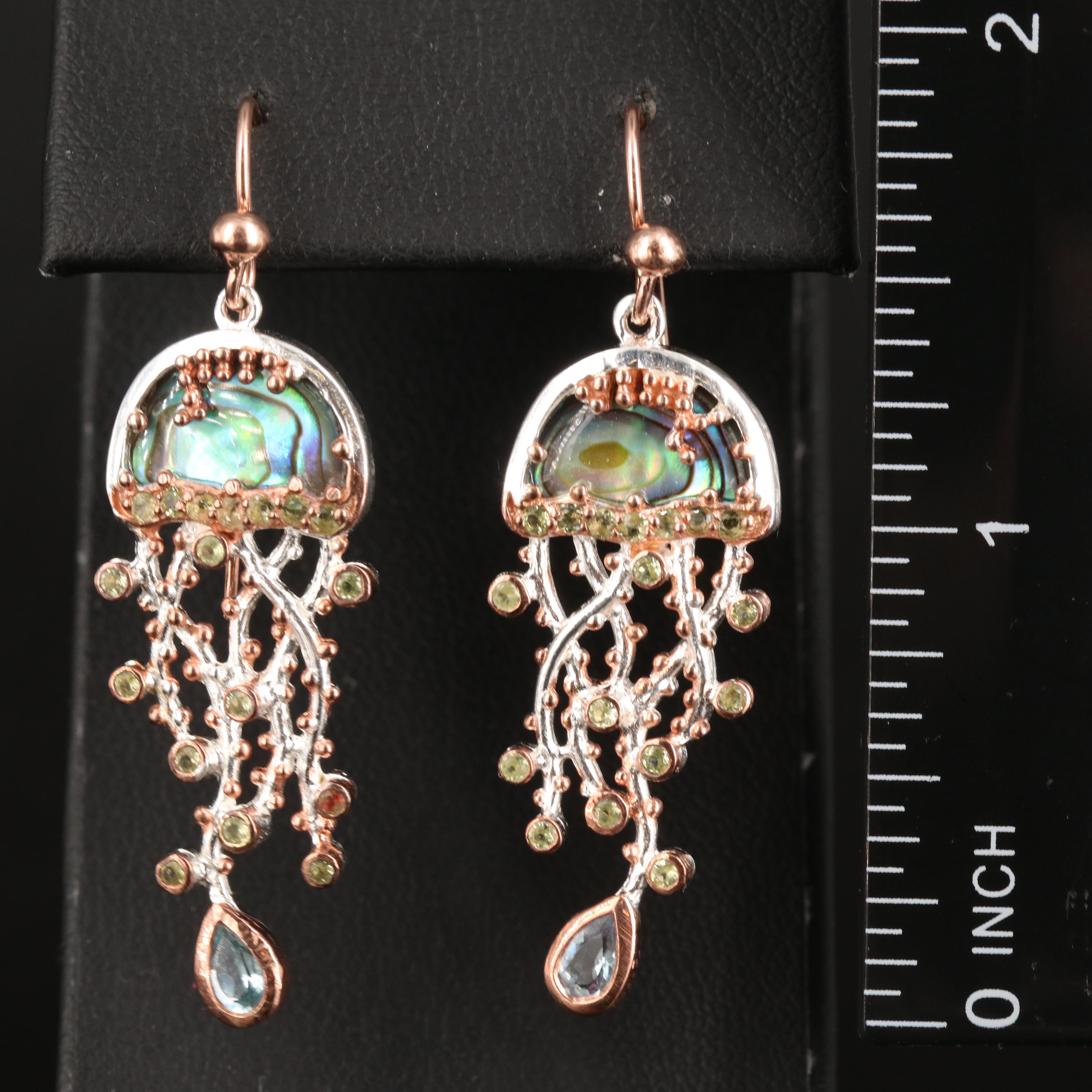 Sterling Abalone, Sky Blue Topaz and Peridot Jellyfish Earrings