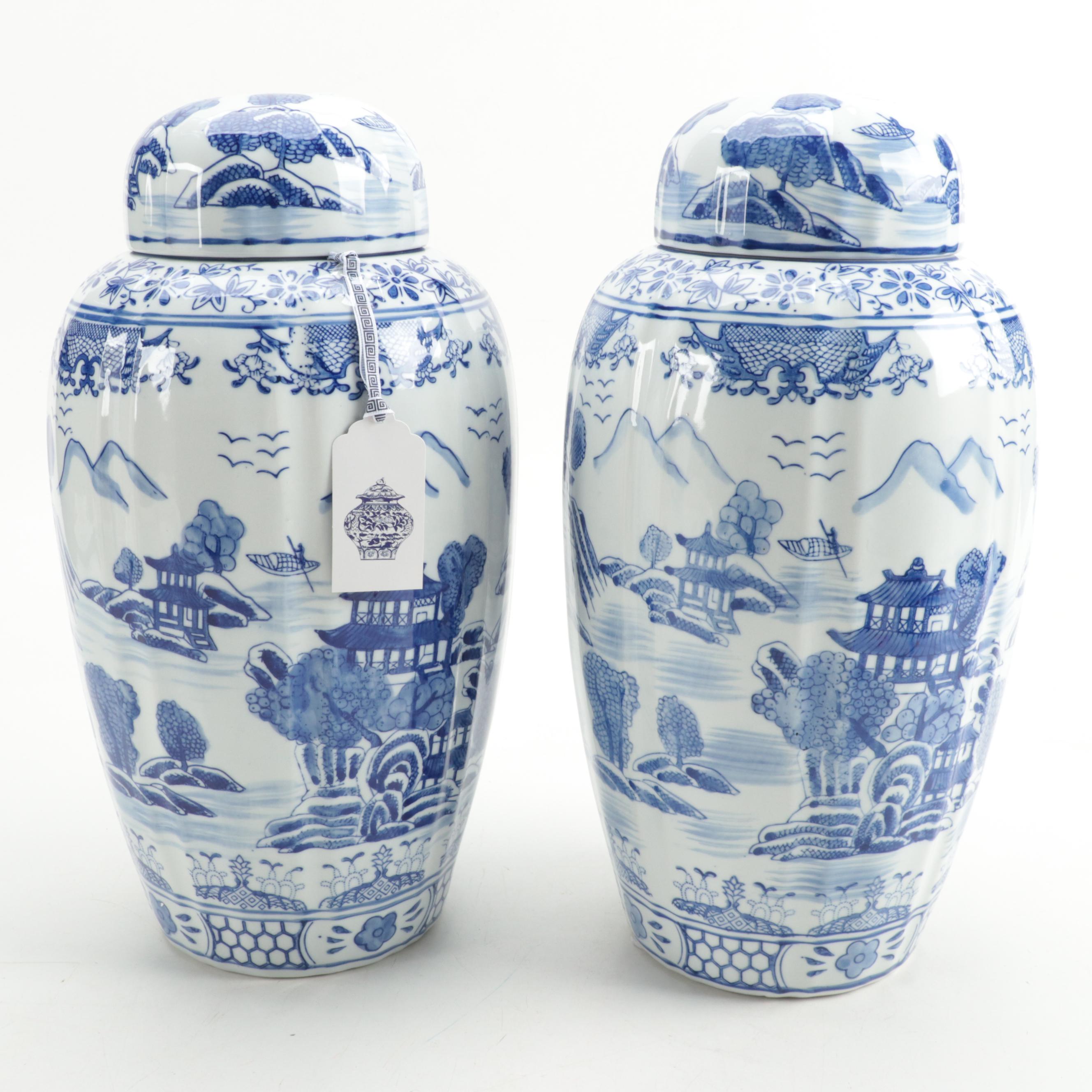 Pair of Blue and White Chinese Porcelain Lidded Jars with Galt Label