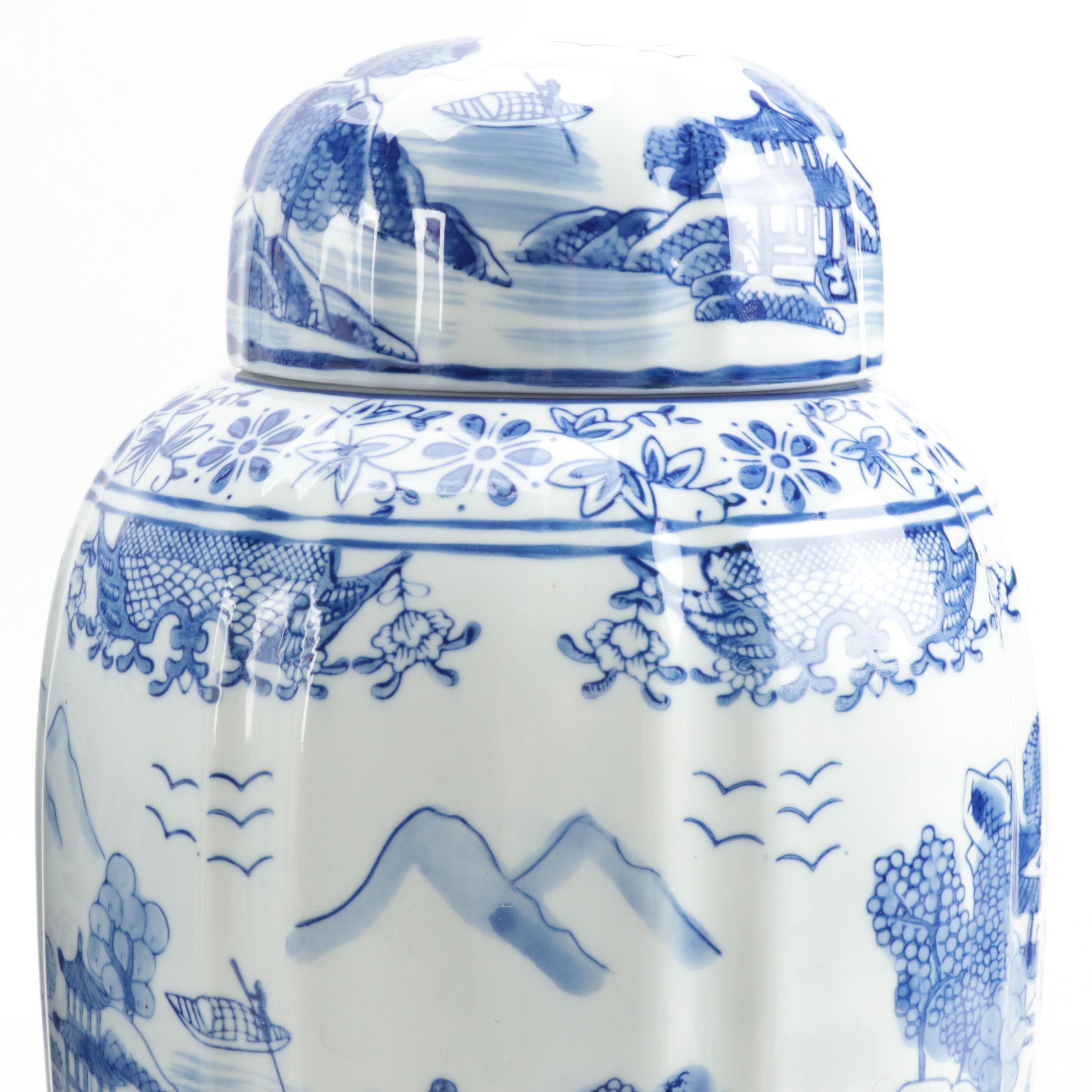 Pair of Blue and White Chinese Porcelain Lidded Jars with Galt Label