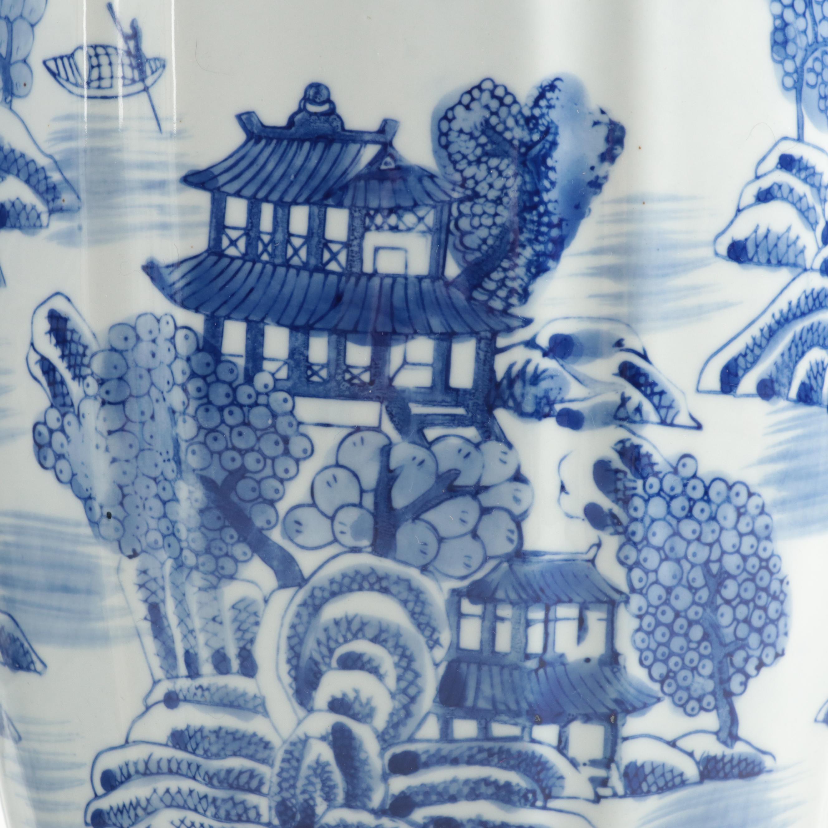 Pair of Blue and White Chinese Porcelain Lidded Jars with Galt Label