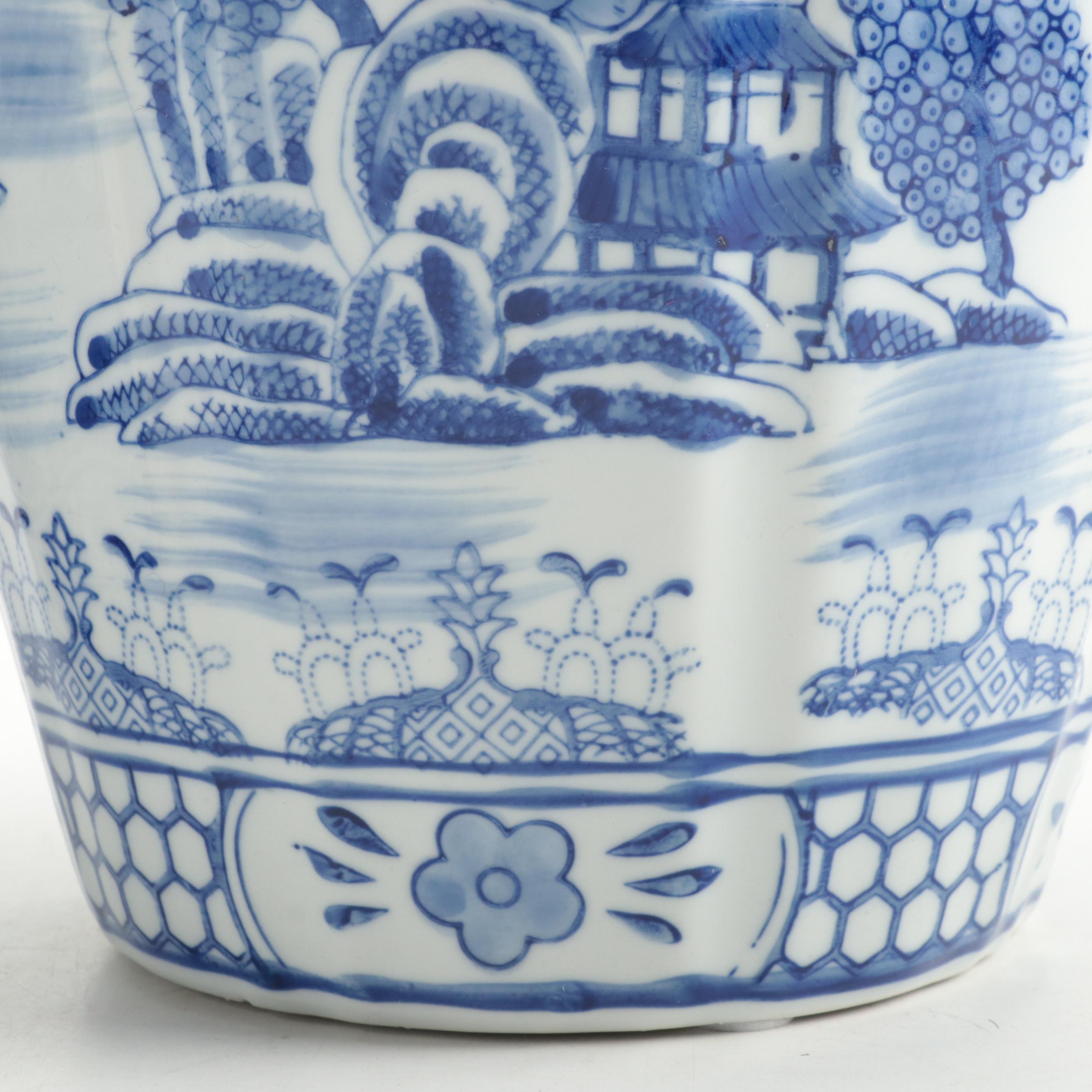 Pair of Blue and White Chinese Porcelain Lidded Jars with Galt Label