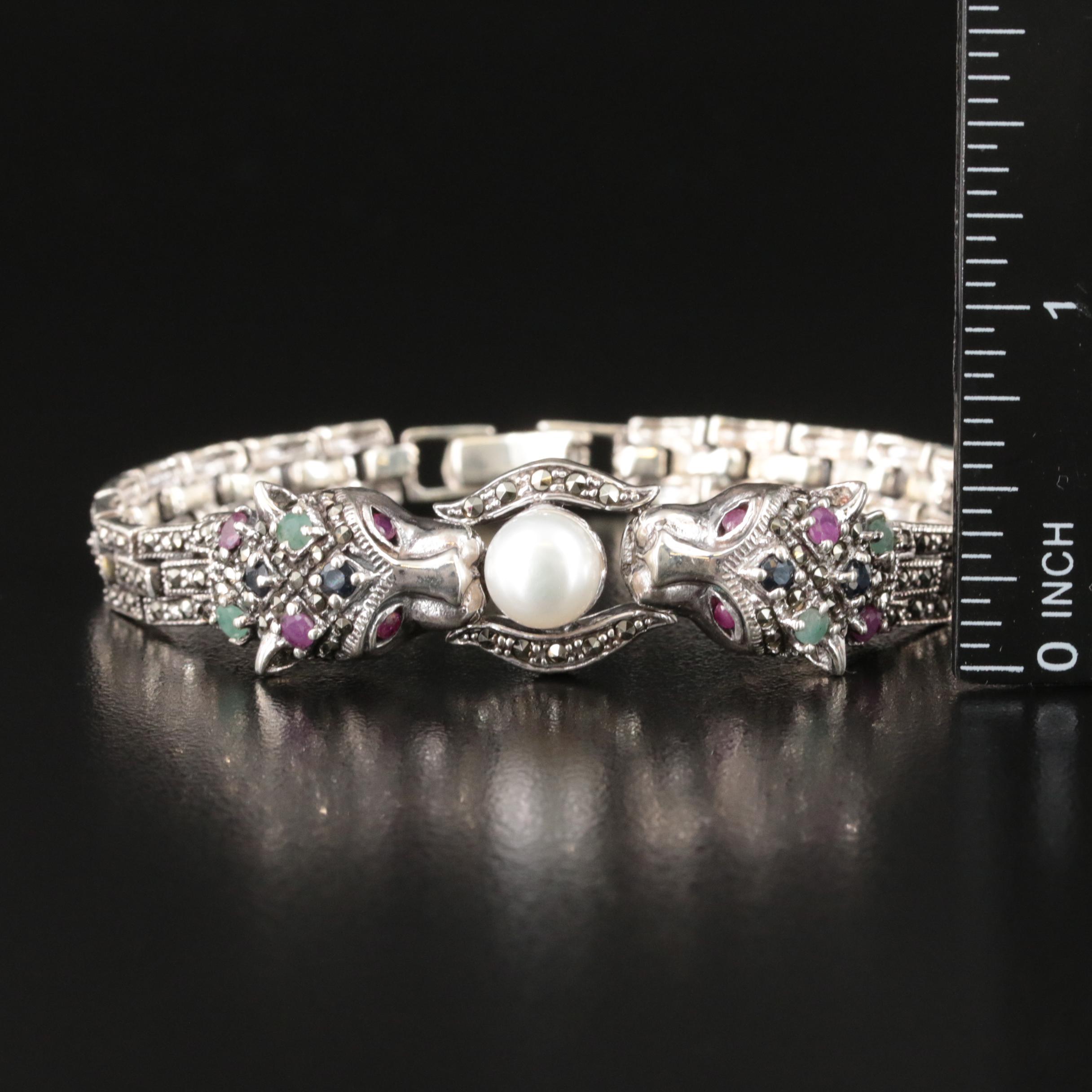 Sterling Pearl and Gemstone Double Headed Panther Bracelet