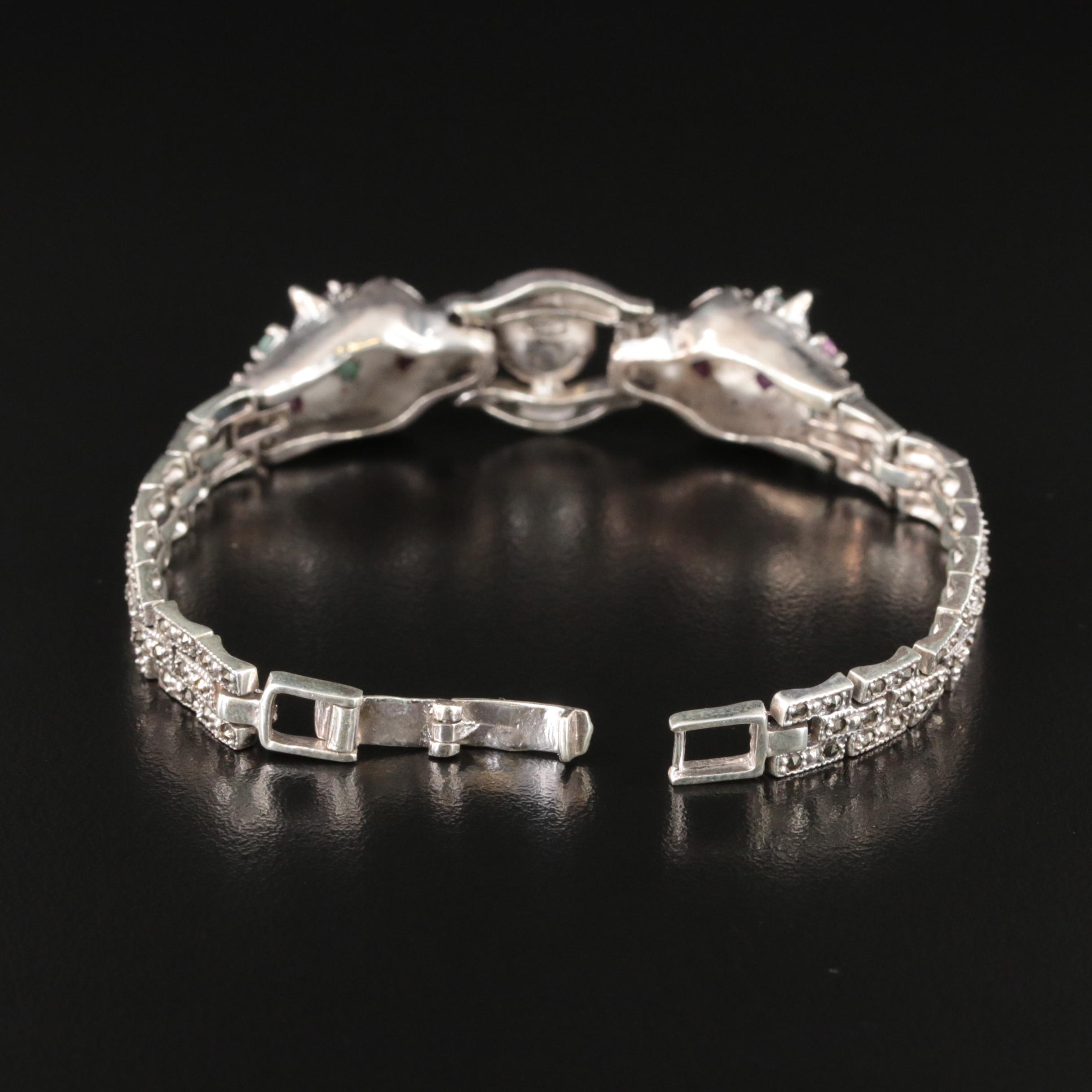 Sterling Pearl and Gemstone Double Headed Panther Bracelet