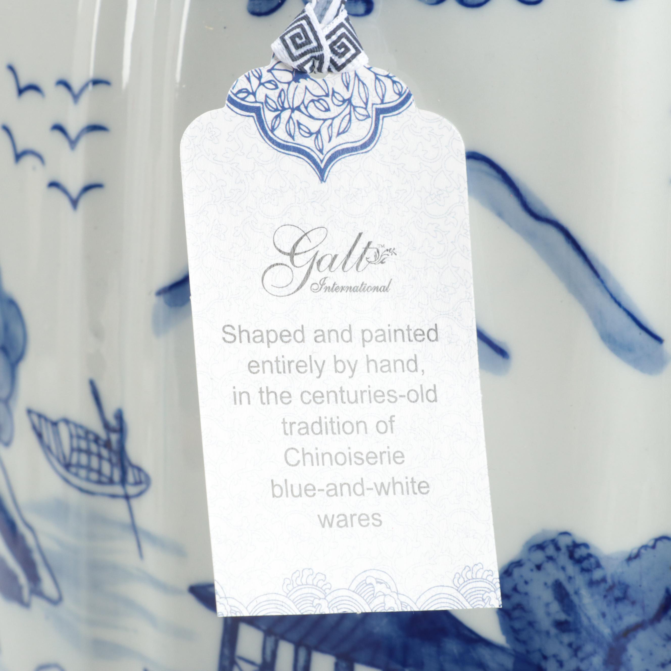 Pair of Blue and White Chinese Porcelain Lidded Jars with Galt Label