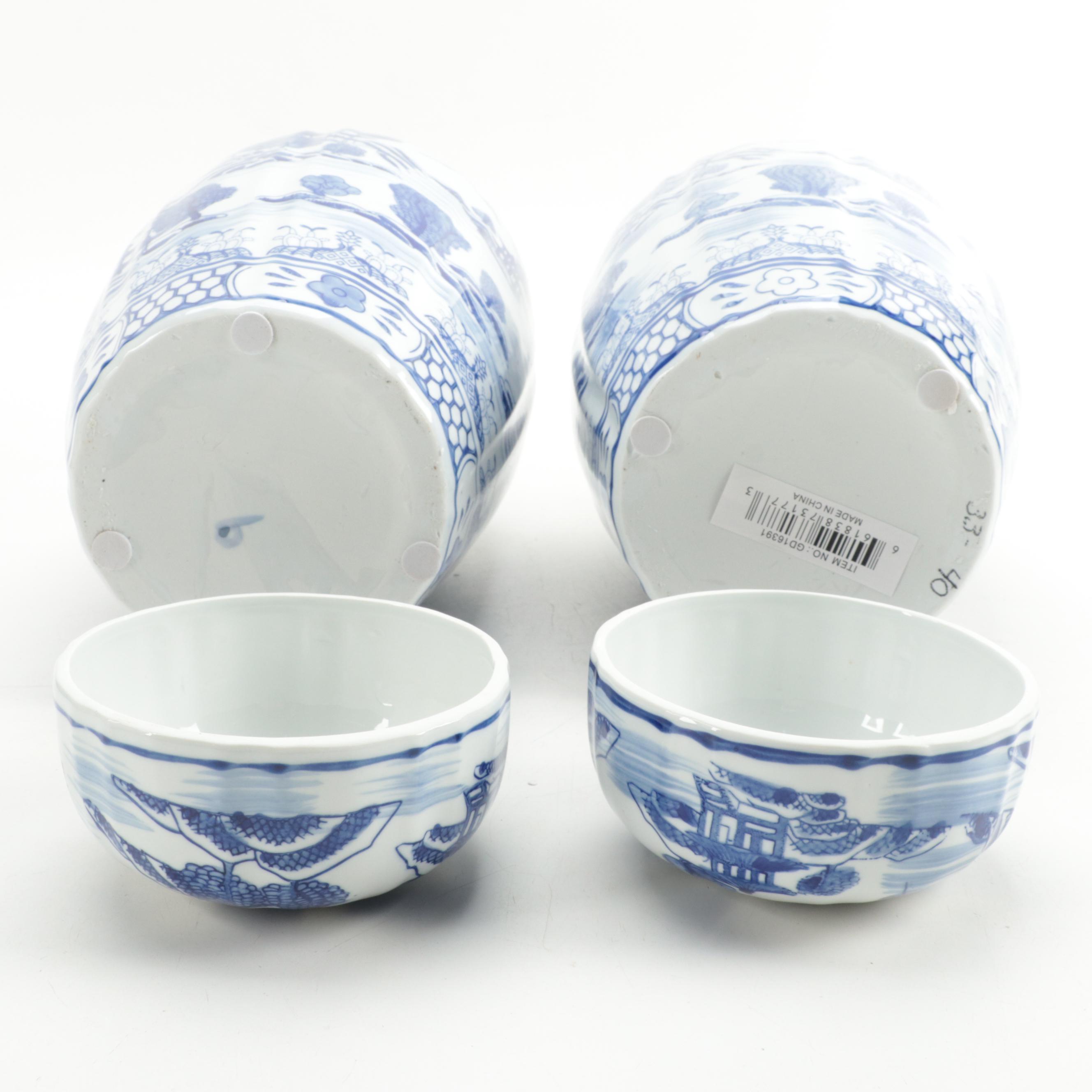 Pair of Blue and White Chinese Porcelain Lidded Jars with Galt Label