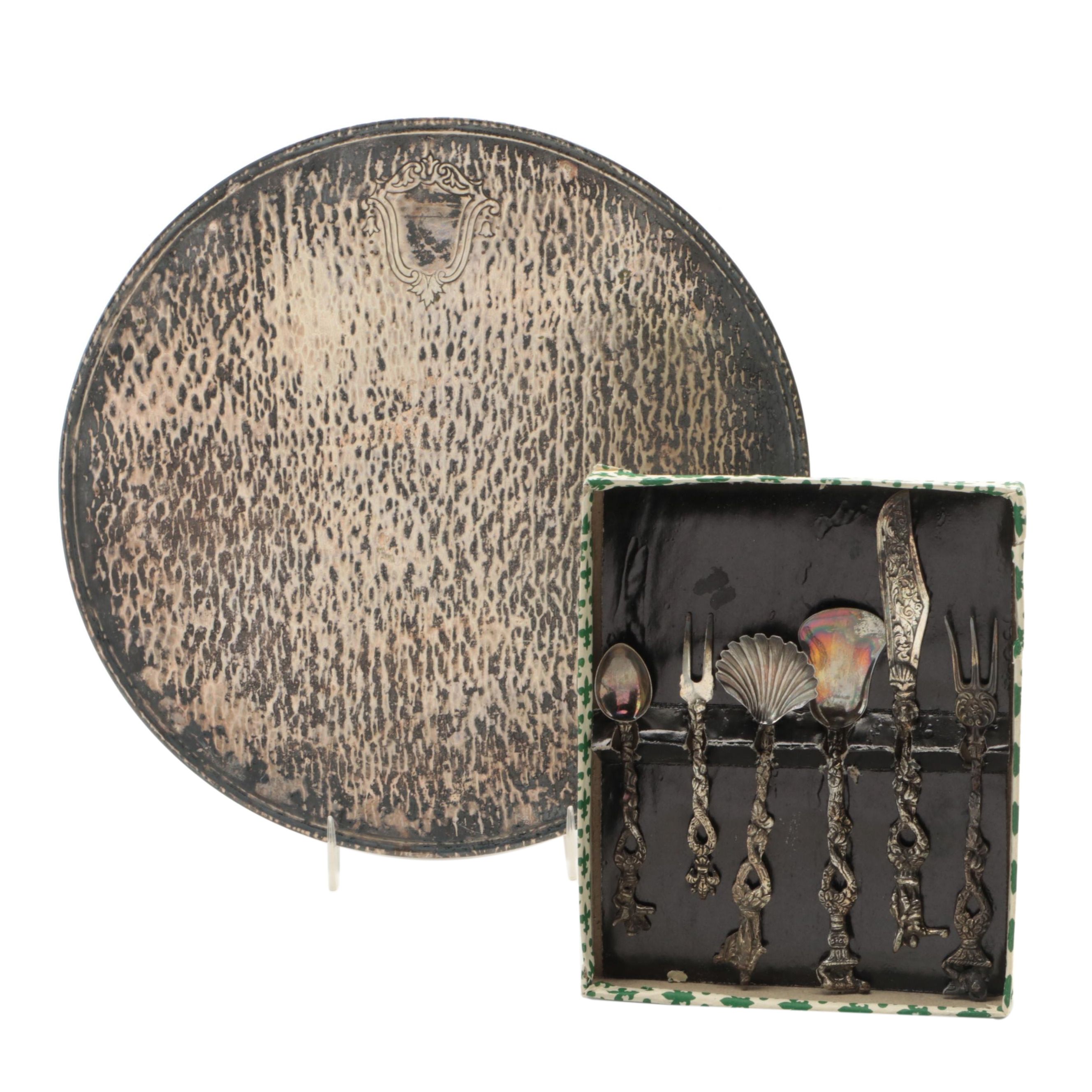 Hammered Silver Plate Tray with Italian Baroque Serving Utensils